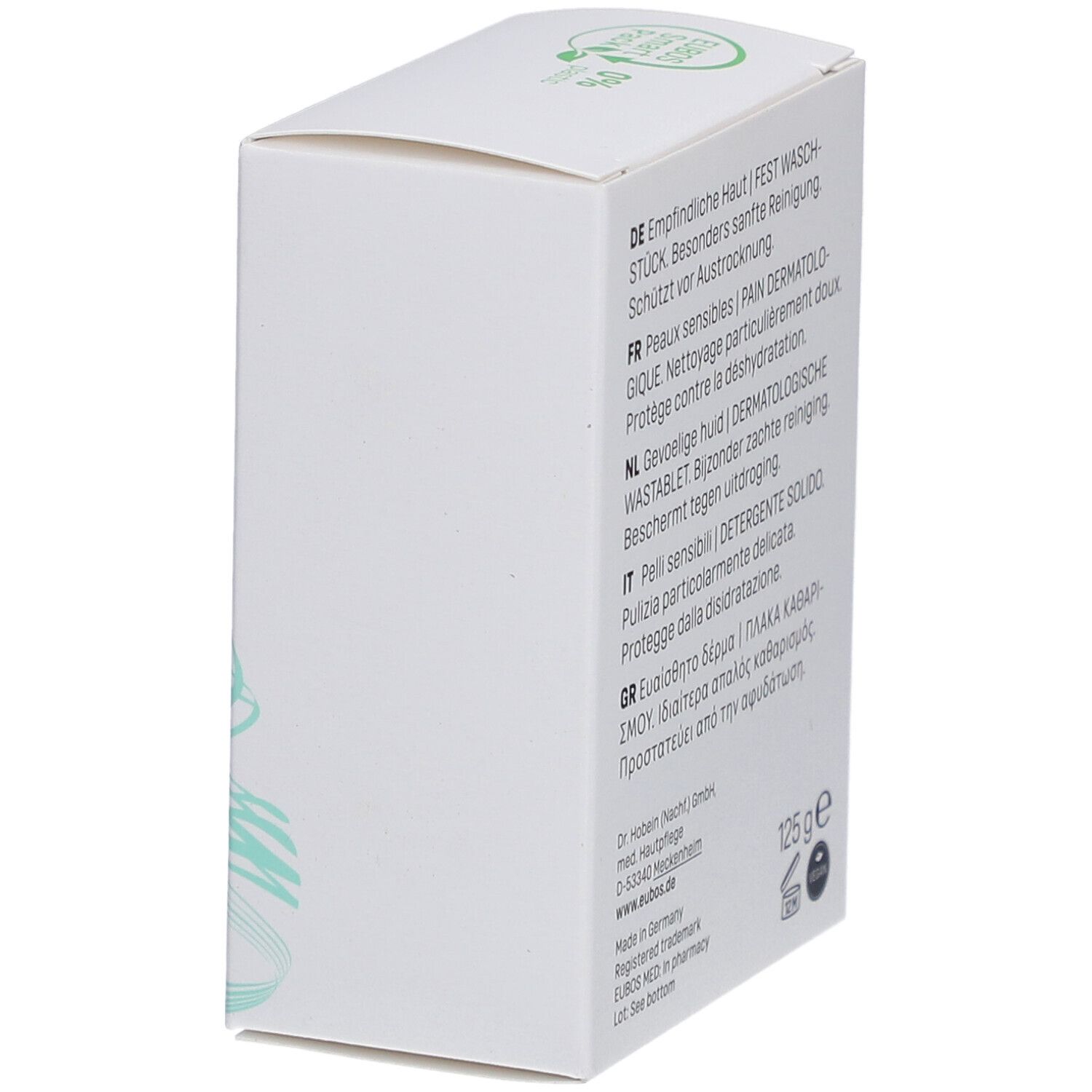 Confezione Eubos bianca, testo multilingue. 125g. Marchi vegano e ambientale.