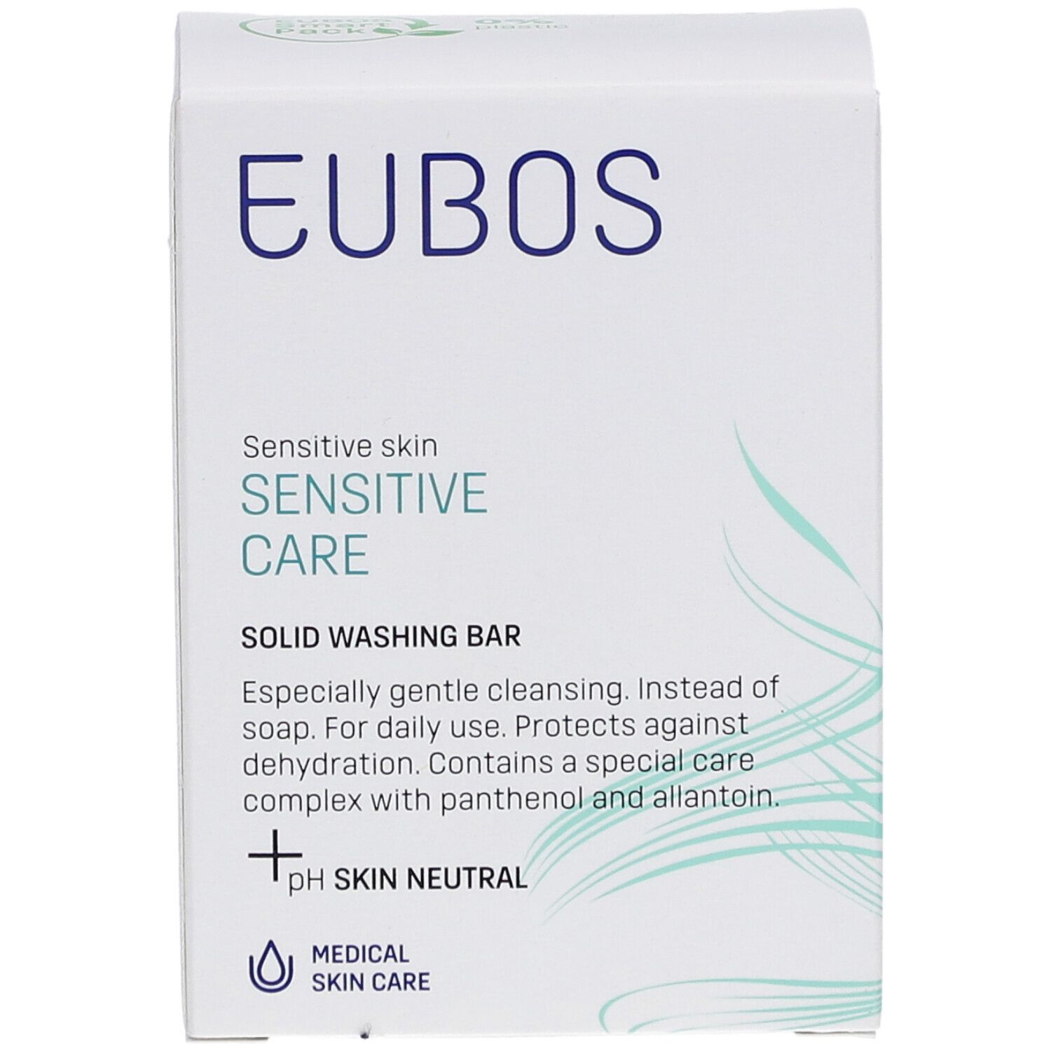 Confezione Eubos bianca, testo blu. Sensitive Care, detergente solido, pH neutro.
