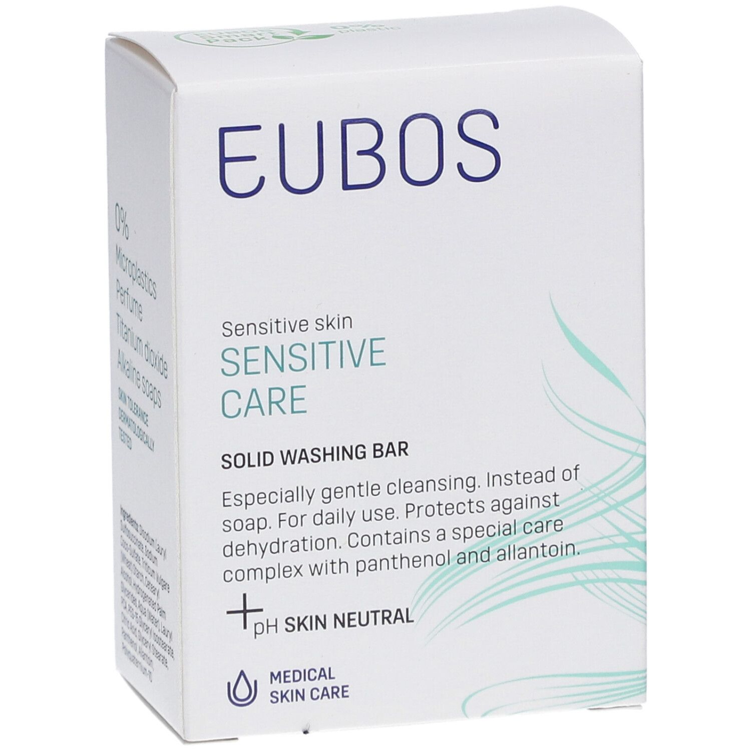 Confezione Eubos bianca, testo blu. Sensitive Care, detergente solido, pH neutro.