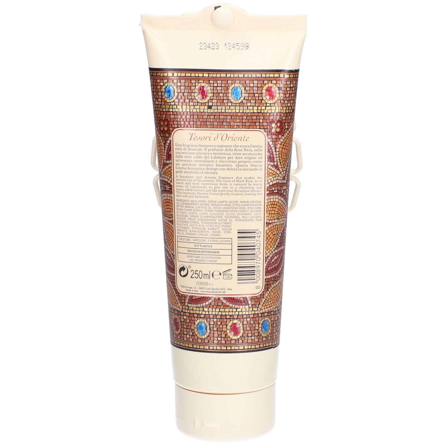 Retro del tubo di gel doccia. Testo e codice a barre. Capacità: 250ml. Colori beige e marrone.