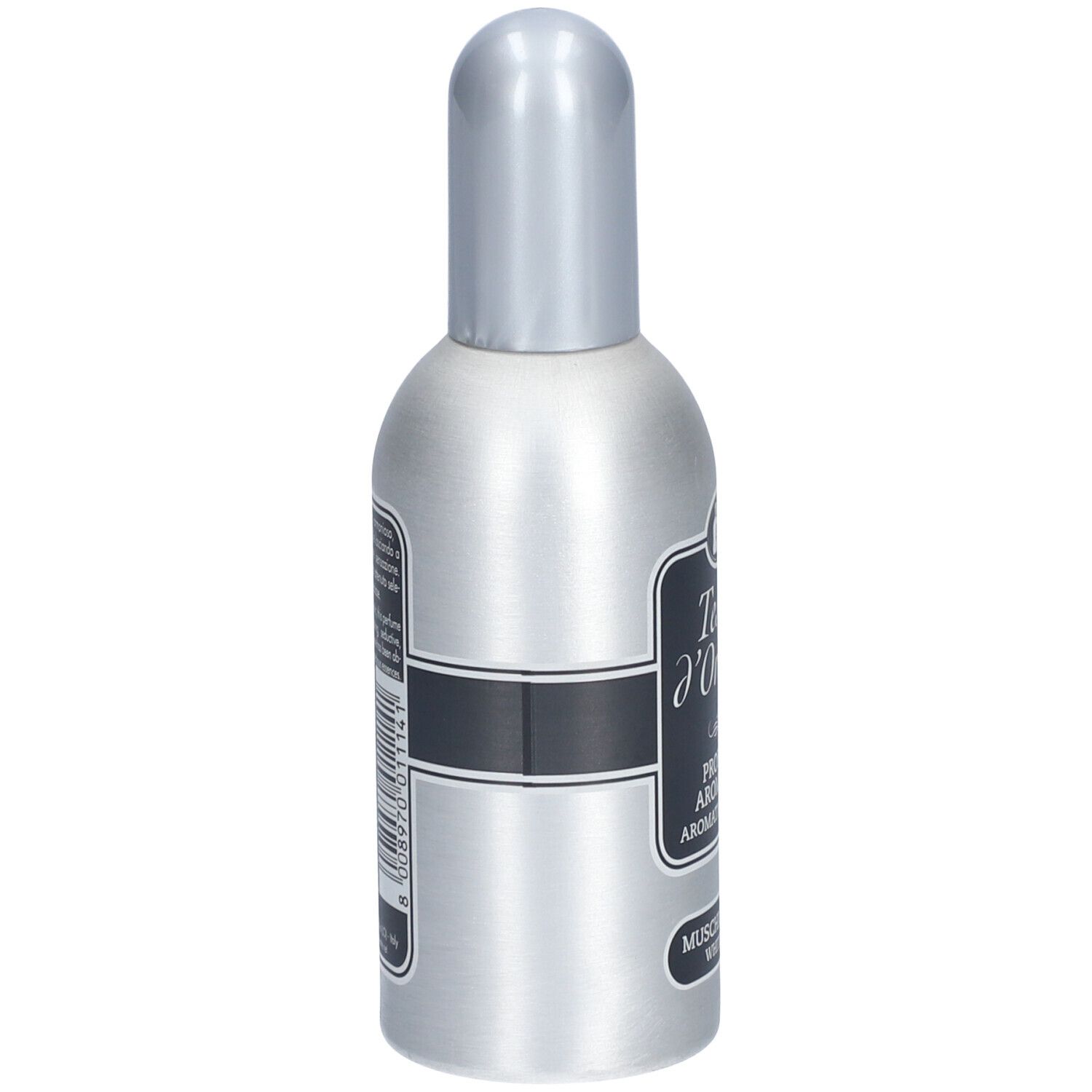 Flacone argento con tappo argento. Etichetta nera con testo. Retro con testo e ingredienti.