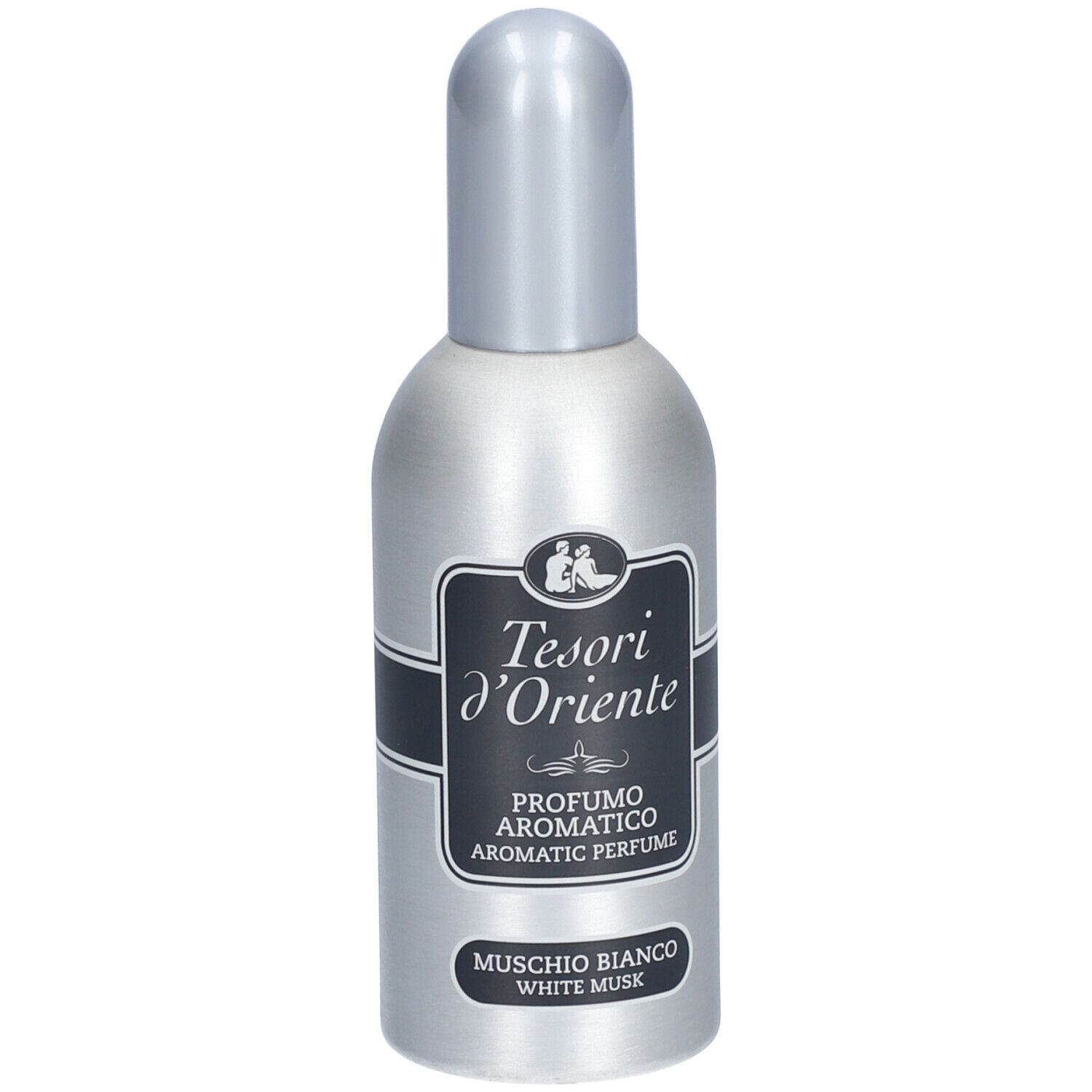 Flacone argento con tappo argento. Etichetta nera con testo: Tesori d'Oriente, Profumo Aromatico, Muschio Bianco.