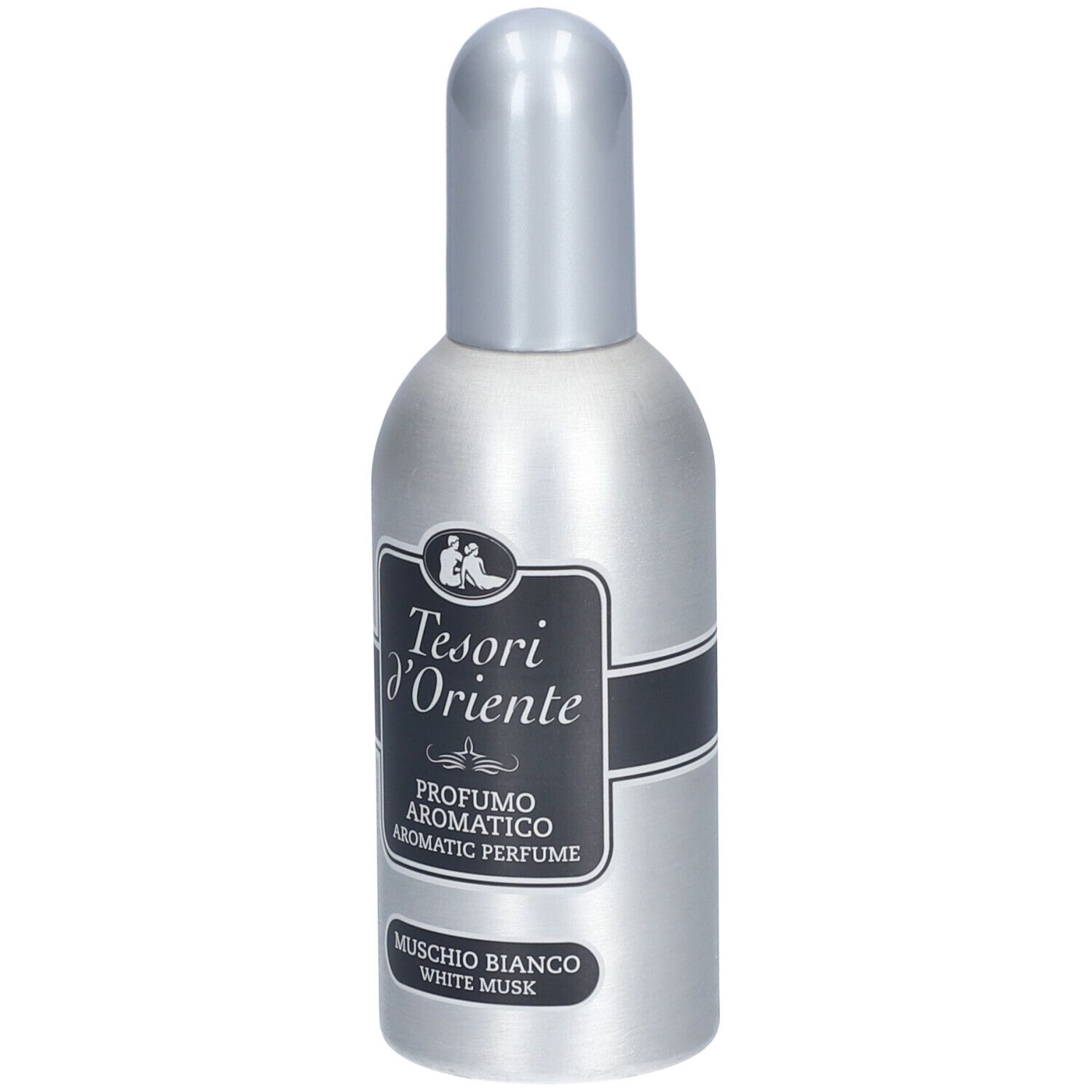 Flacone argento con tappo argento. Etichetta nera con testo: Tesori d'Oriente, Profumo Aromatico, Muschio Bianco.