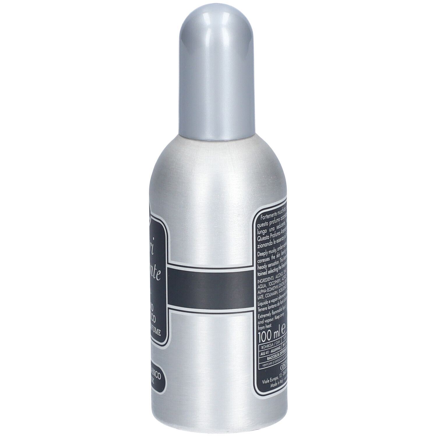 Retro di un flacone argento con tappo argento. Testo e ingredienti sull'etichetta. 100 ml.