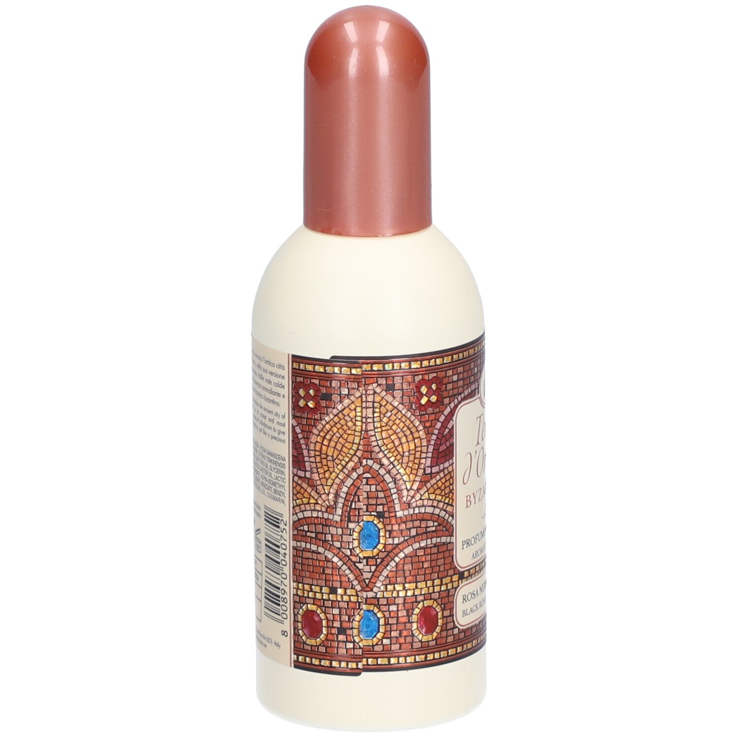 Flacone di profumo con tappo marrone. Scritta: Tesori d'Oriente Byzance. Rosa Nera e Labdano.