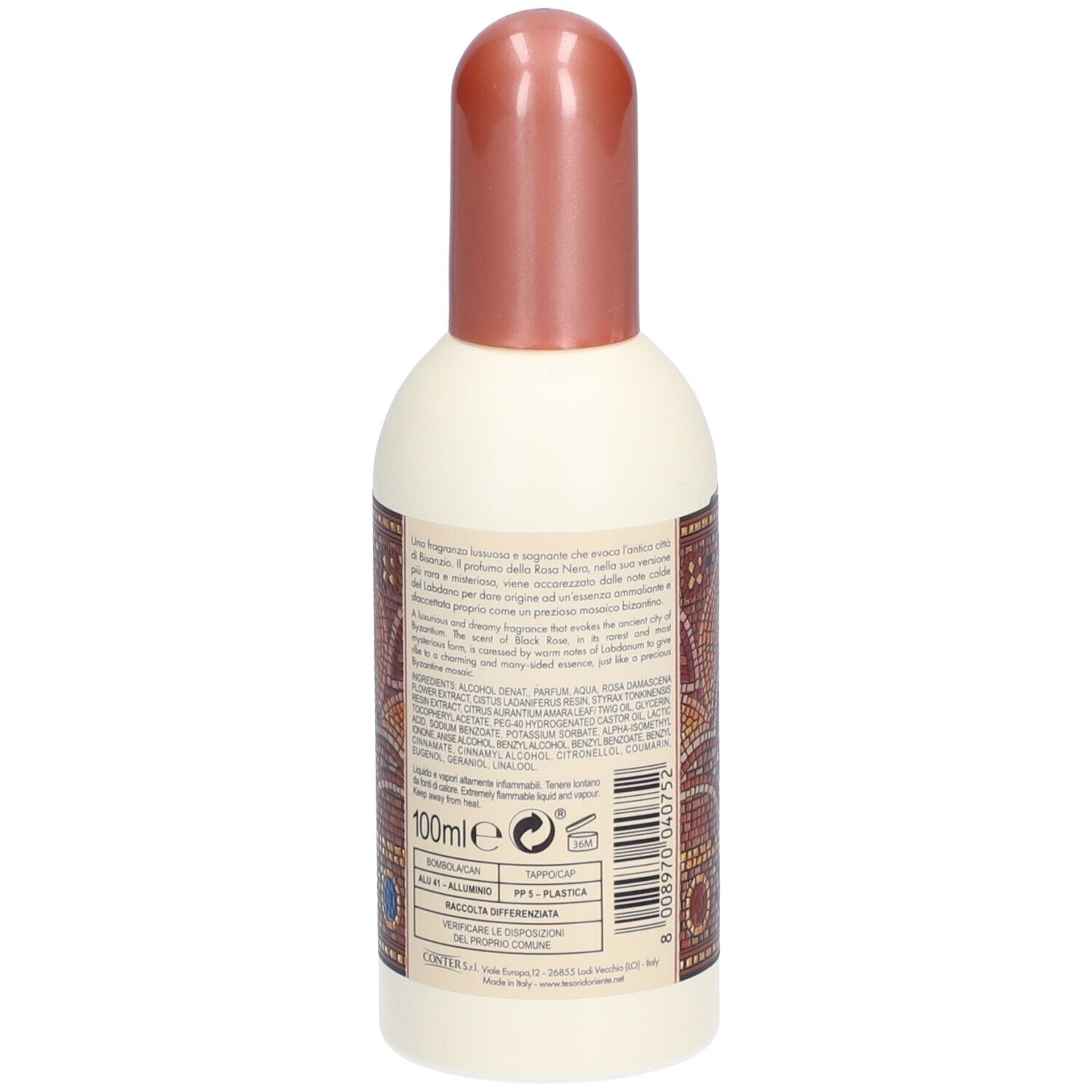 Flacone di profumo con tappo marrone. Retro con testo e indicazione 100ml. Scritta: Tesori d'Oriente.