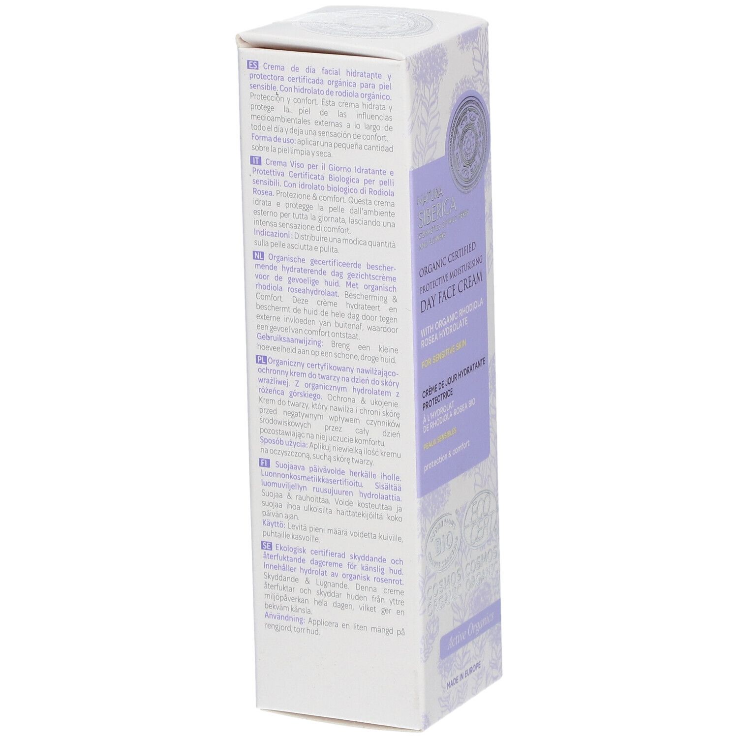 Confezione di crema giorno. Testo in più lingue. Contiene informazioni sugli ingredienti e l'uso.