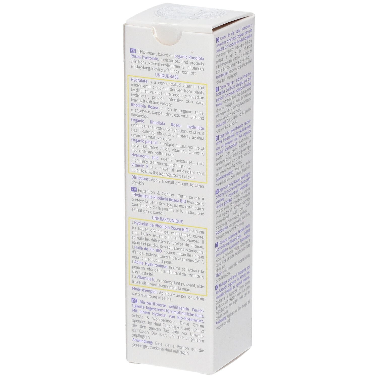 Confezione di crema giorno. Testo in più lingue. Descrive gli ingredienti e i loro effetti.