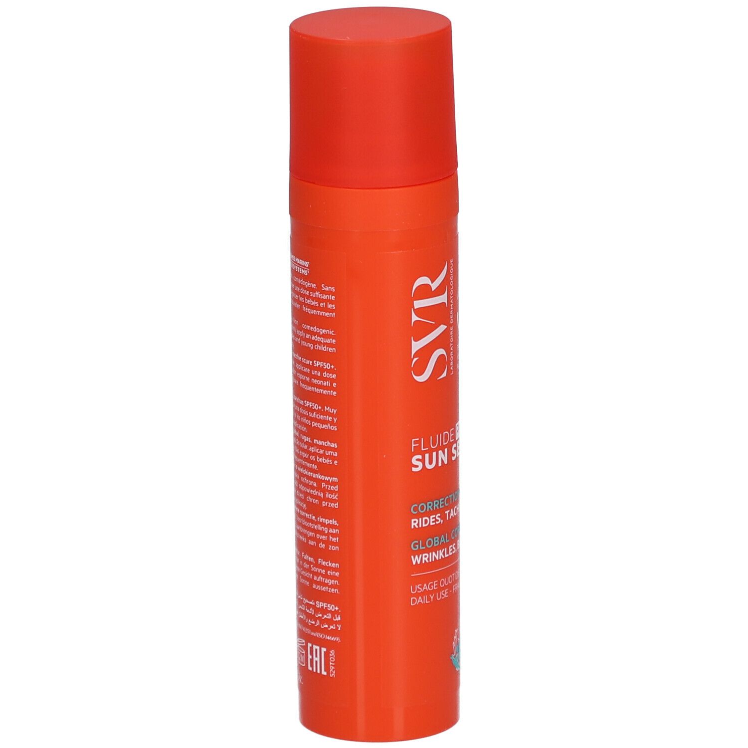 Flacone arancione con tappo rosso. Testo laterale: SVR, Sun Secure Fluide Photo-Age.