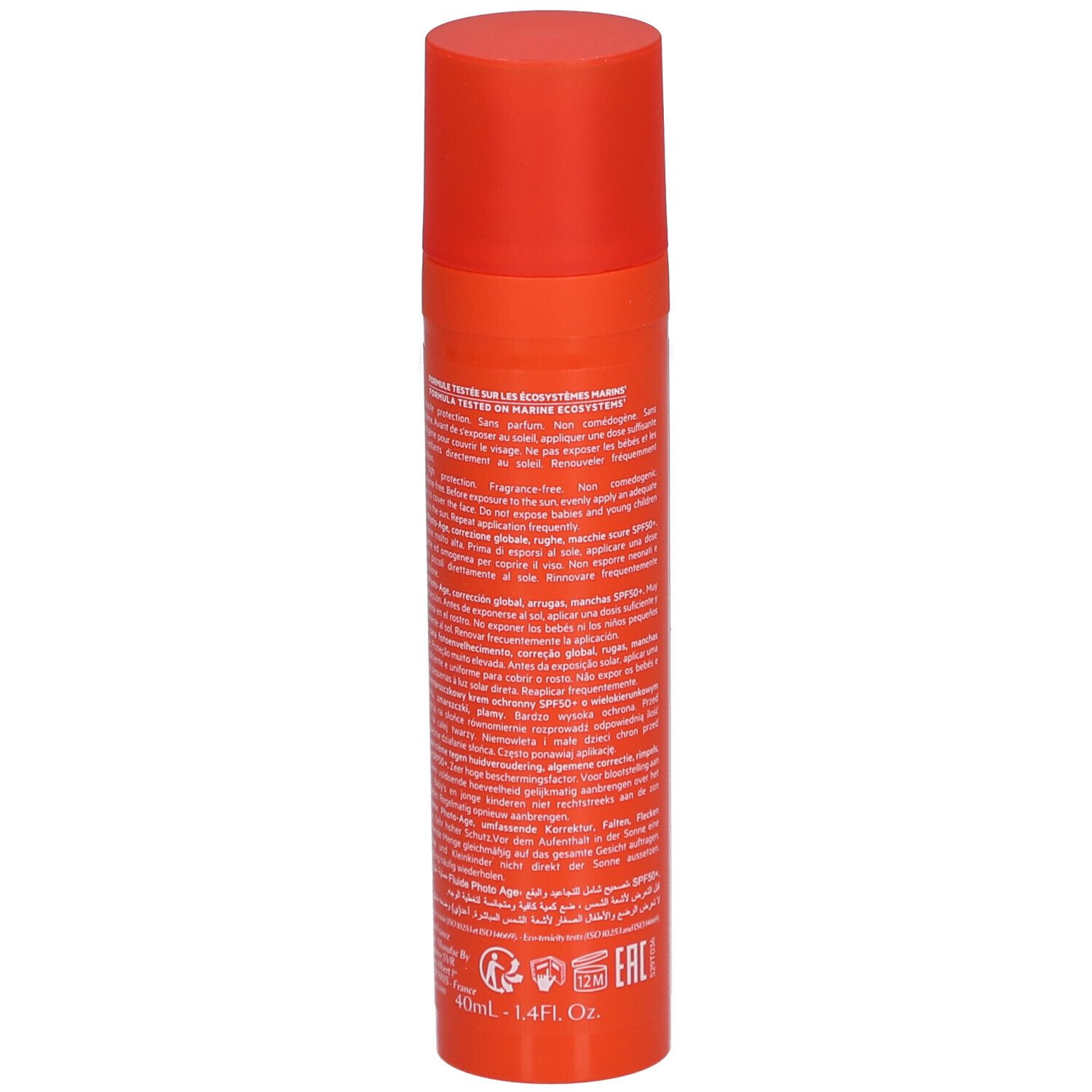 Flacone arancione con tappo rosso. Retro con testo. Scritta: SVR, Sun Secure Fluide Photo-Age.