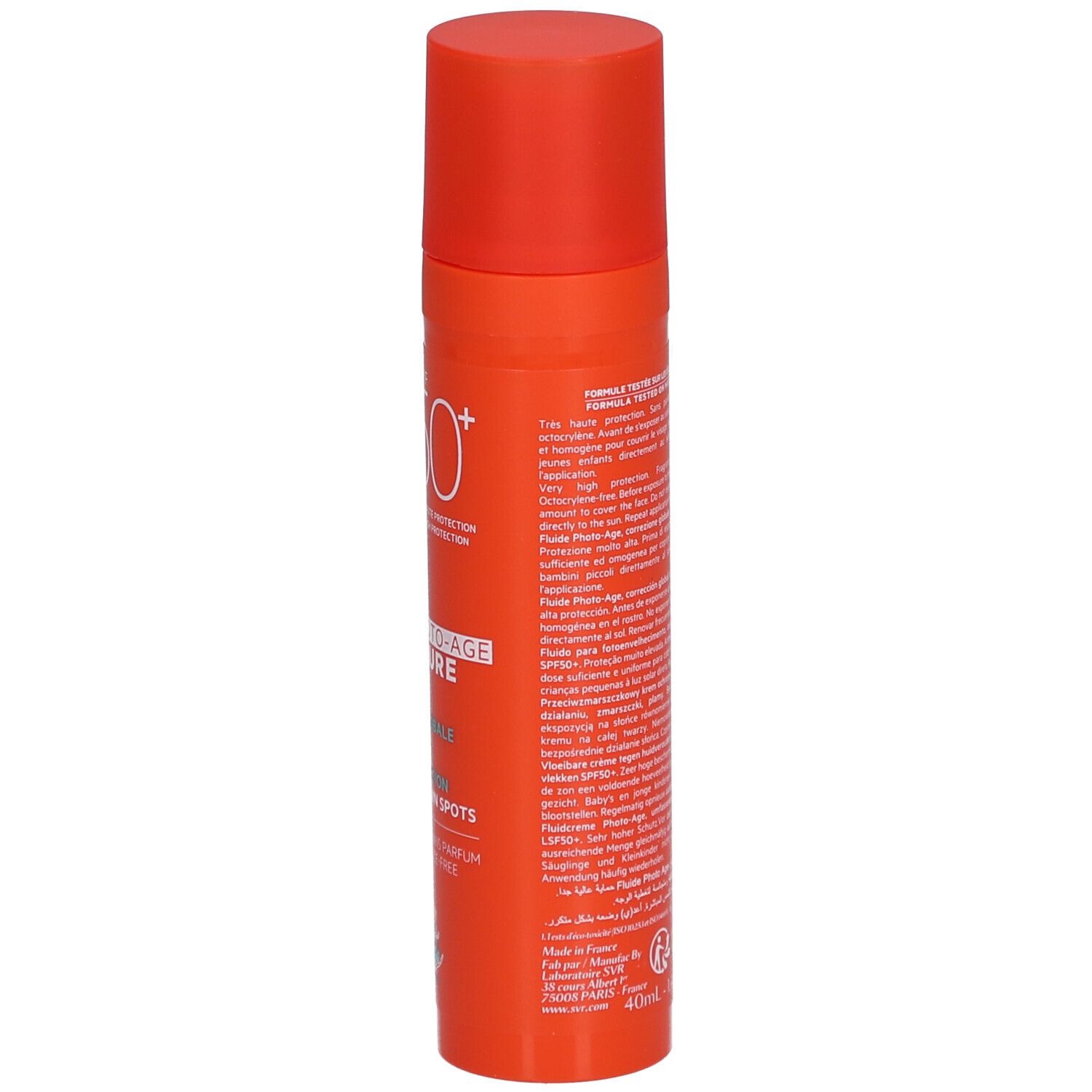 Flacone arancione con tappo rosso. Testo laterale: SVR, Sun Secure Fluide Photo-Age.