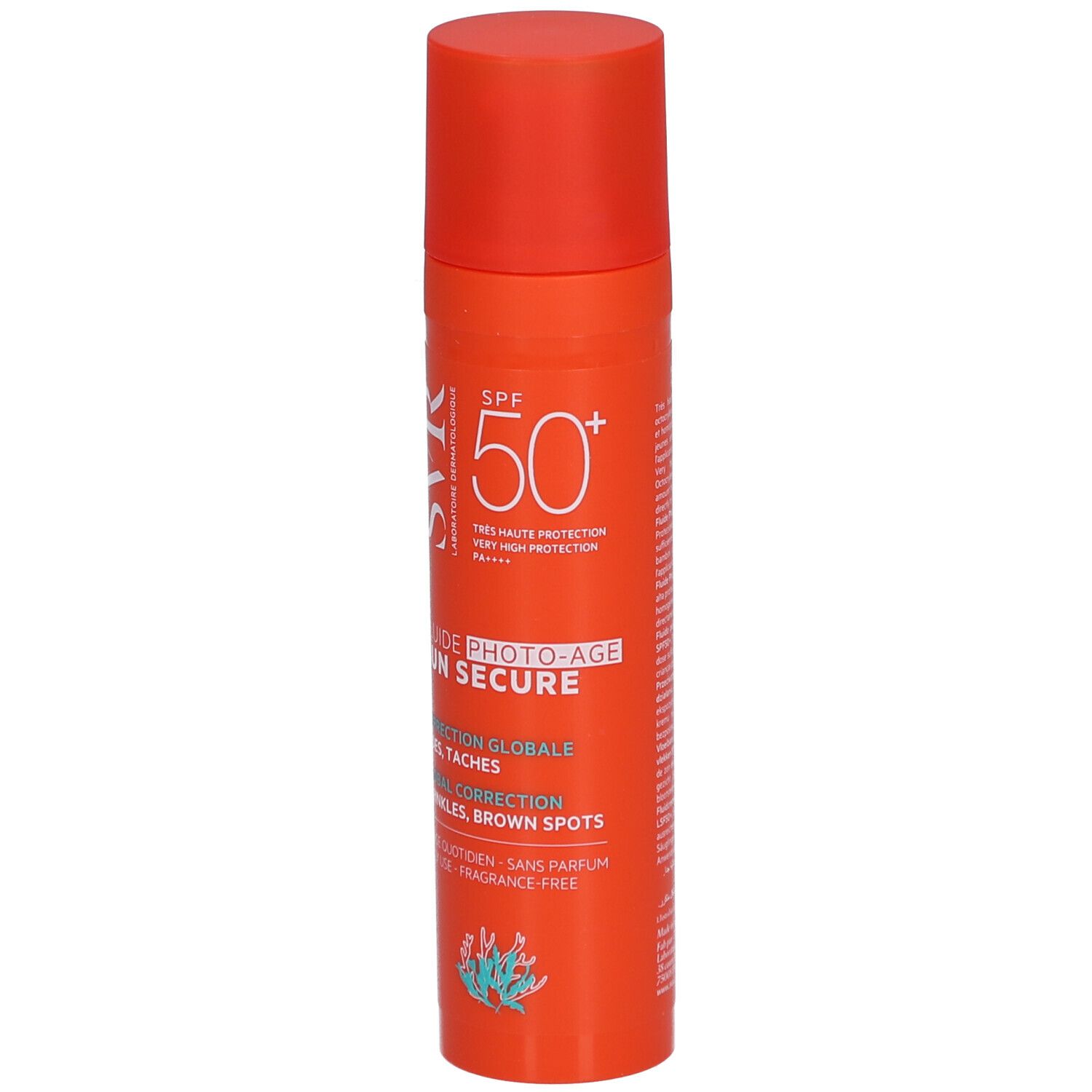Flacone arancione con tappo rosso. Scritta: SVR, Sun Secure Fluide Photo-Age SPF50+.