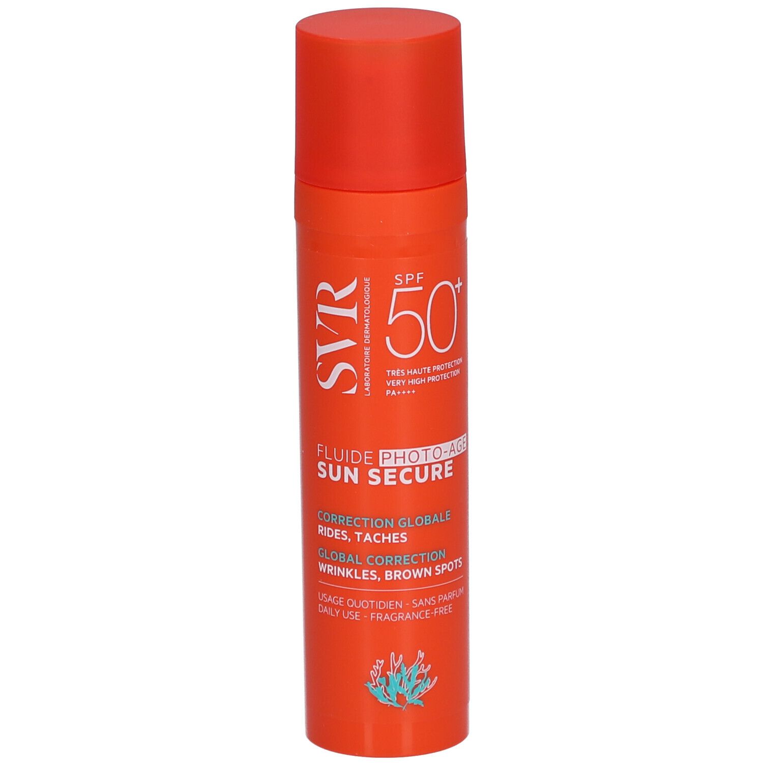 Flacone arancione con tappo rosso. Scritta: SVR, Sun Secure Fluide Photo-Age SPF50+.