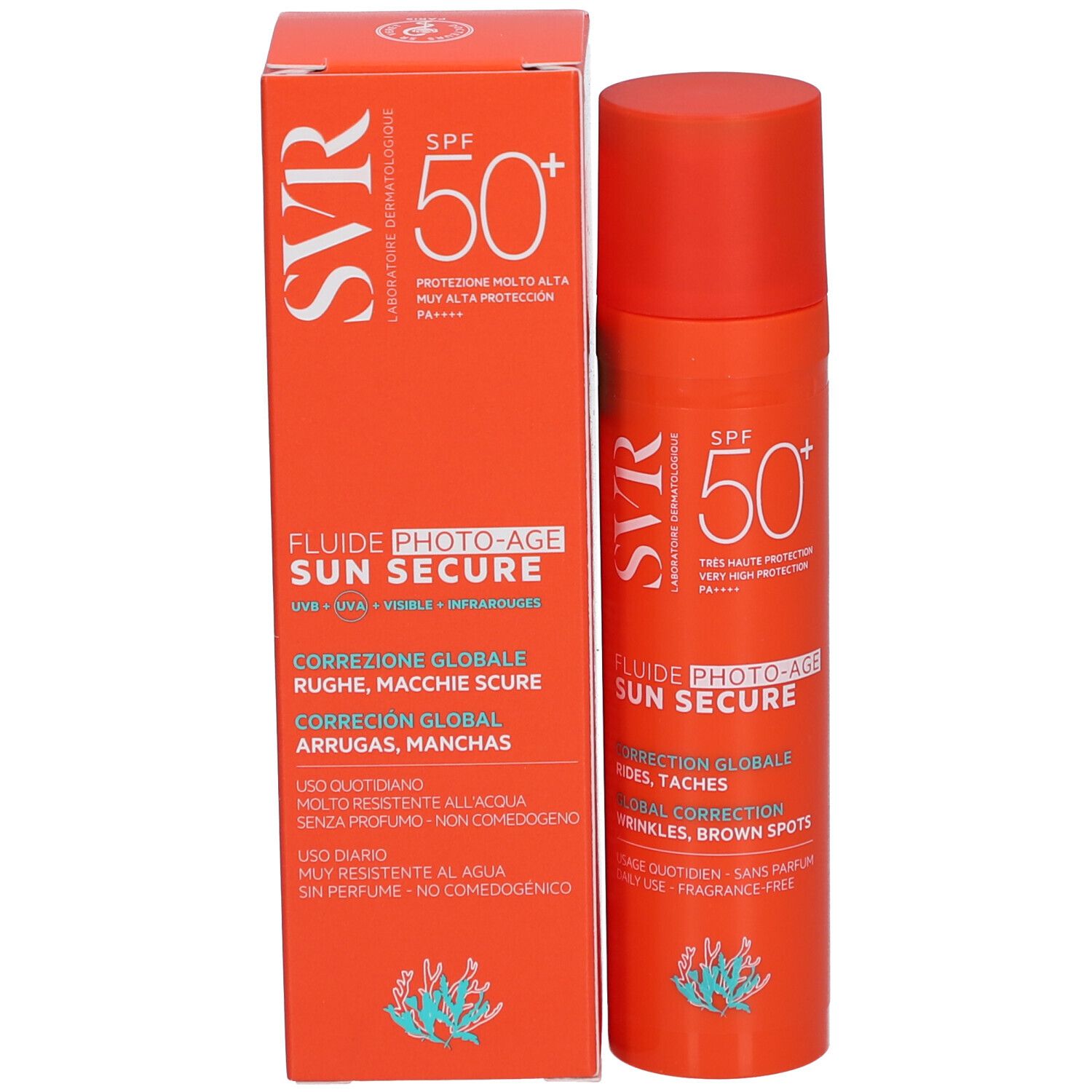Scatola e flacone arancioni. Scritta: SVR, Sun Secure Fluide Photo-Age SPF50+.