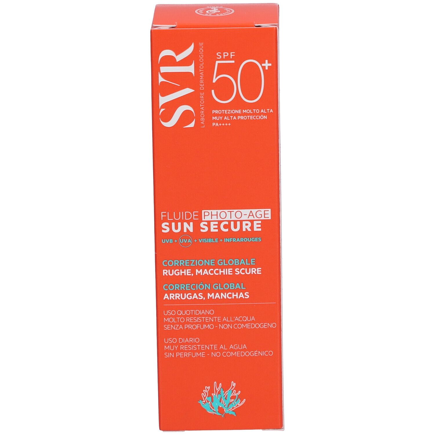 Scatola arancione. Scritta: SVR, Sun Secure Fluide Photo-Age SPF50+.