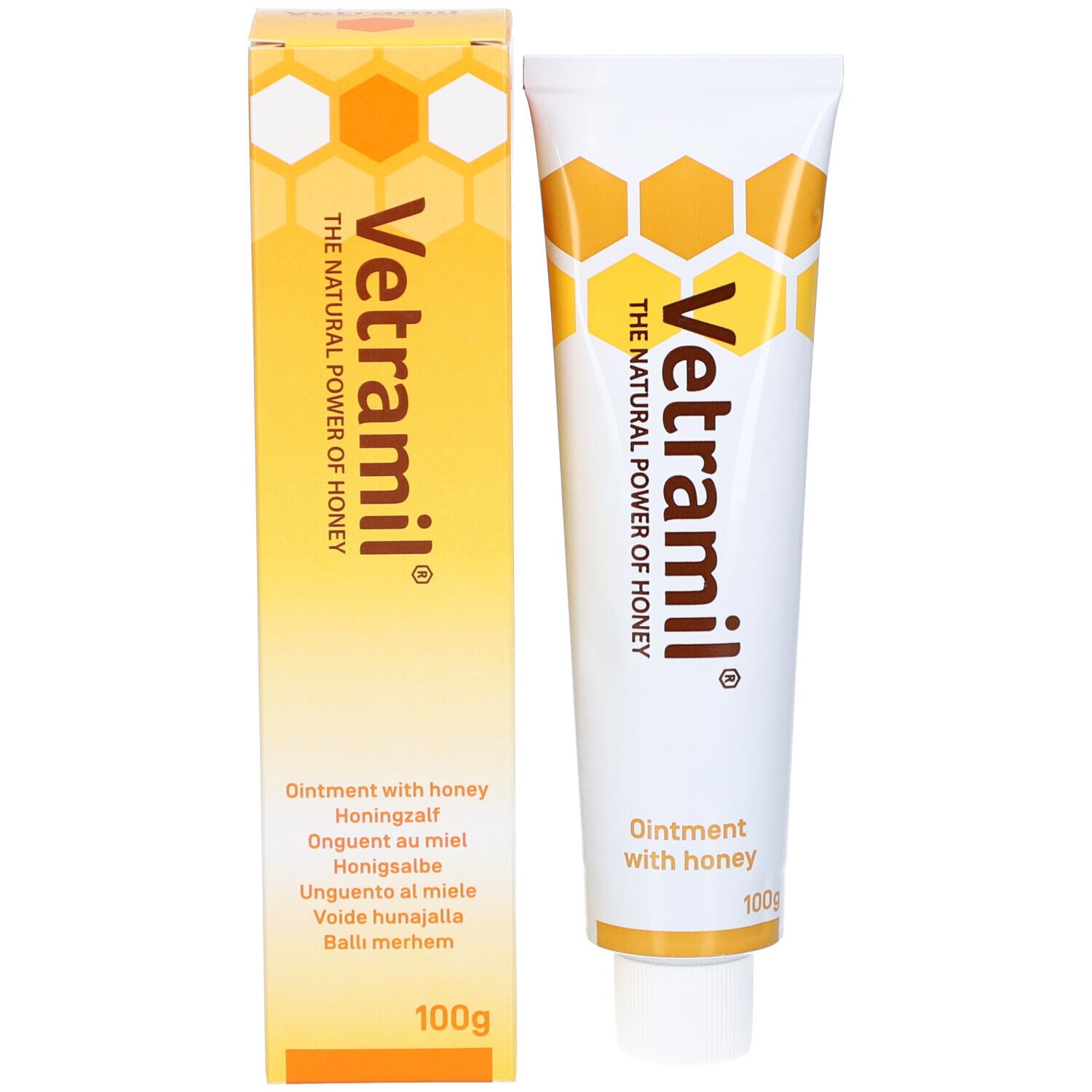 Tubo e scatola. Scatola gialla con design a nido d'ape. Scritta: Vetramil, Ointment with honey. 100g.