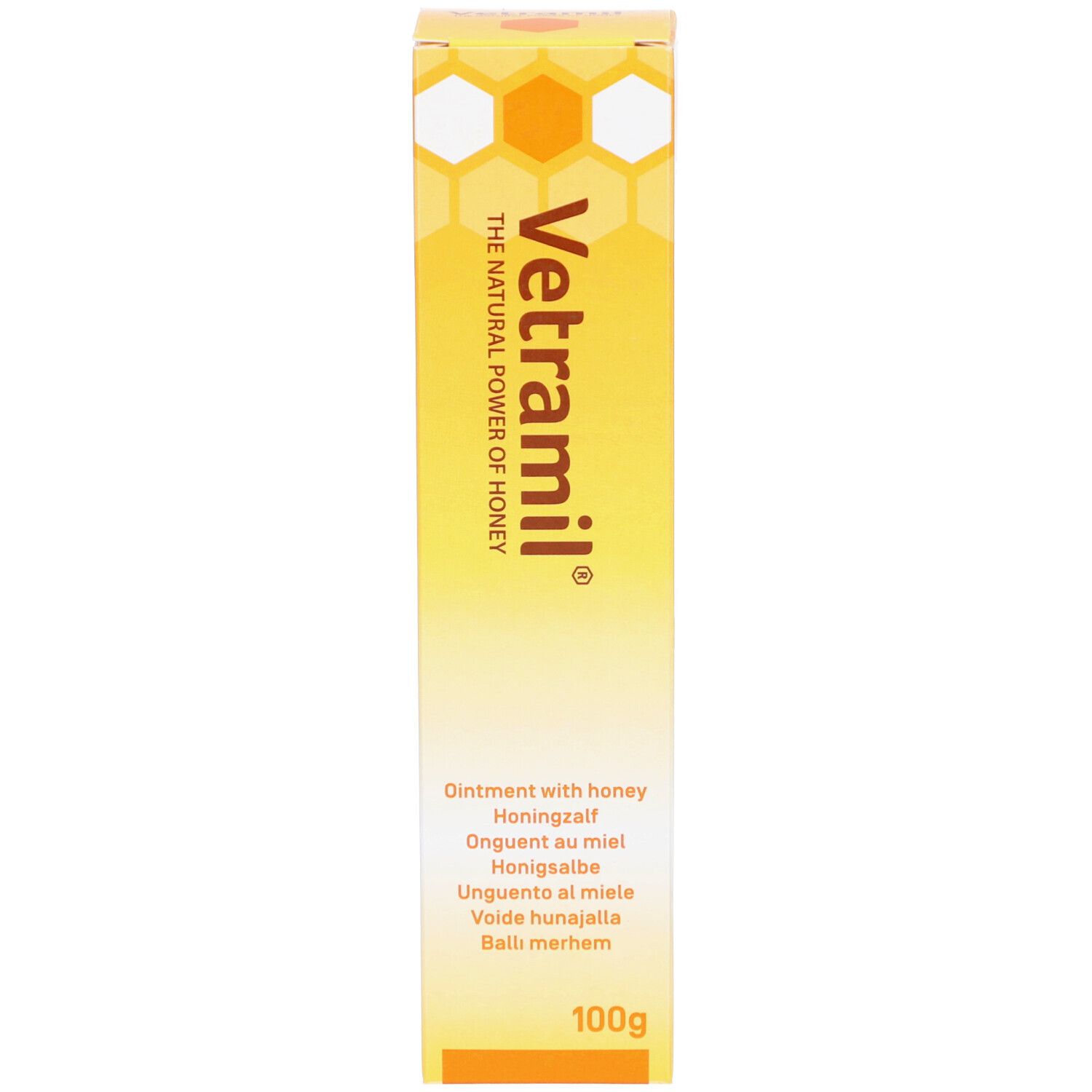 Scatola gialla con design a nido d'ape. Scritta: Vetramil, Ointment with honey. 100g.
