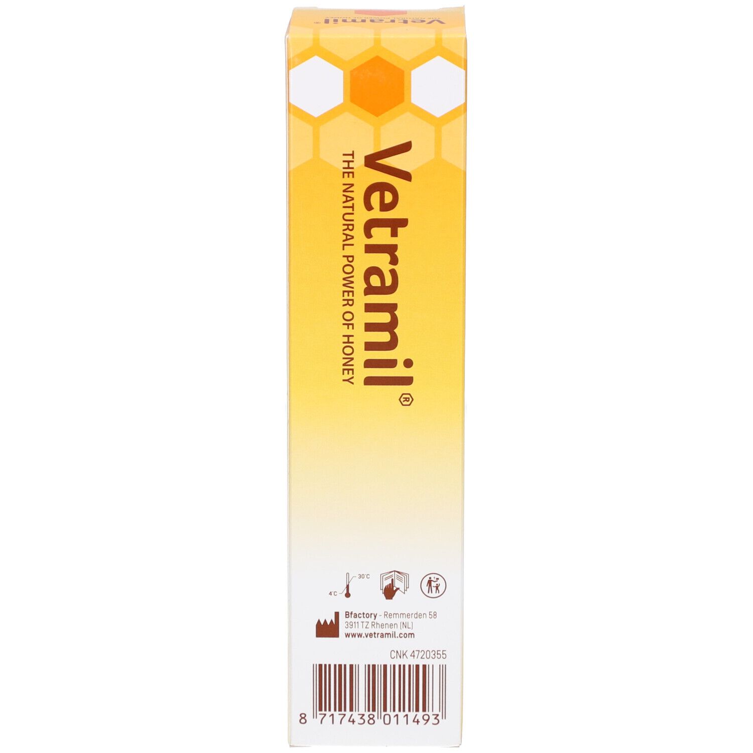 Retro della scatola gialla. Scritta: Vetramil. Codice a barre e informazioni di contatto.