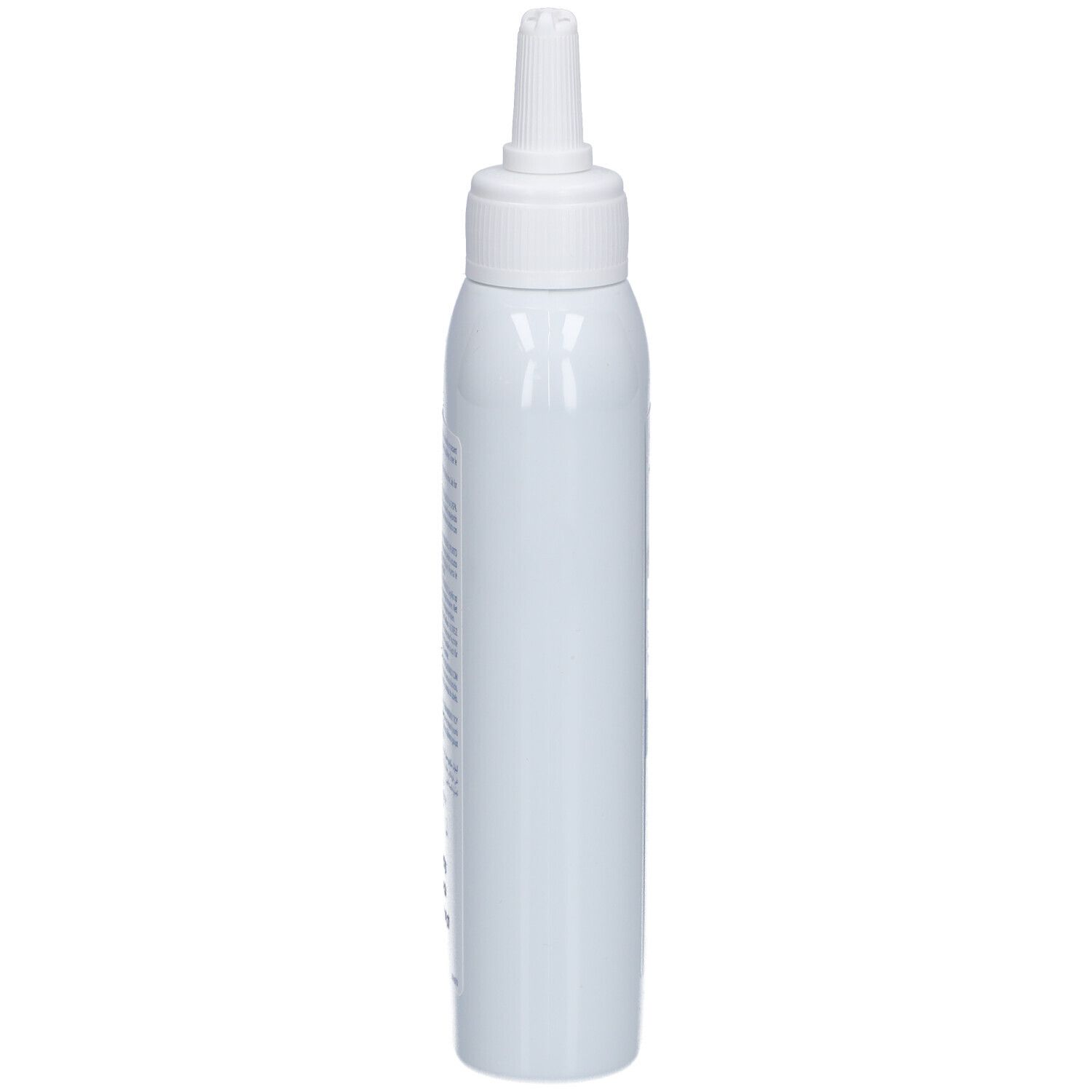 Flacone bianco con applicatore. Scritta illeggibile. Vista laterale.