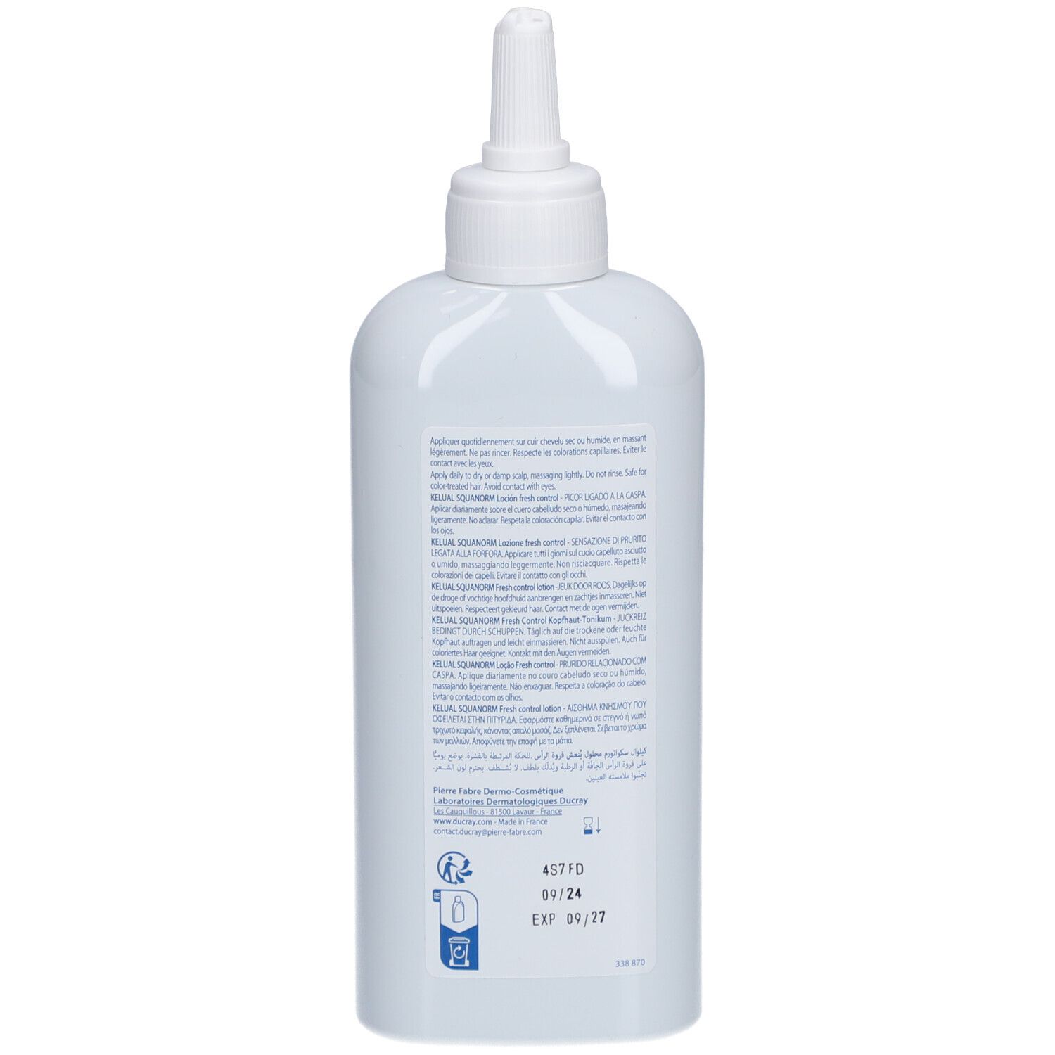 Retro del flacone bianco con applicatore. Testo in più lingue.