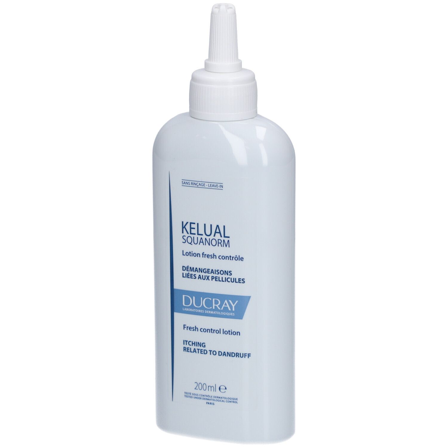 Flacone bianco con applicatore. Scritta: KELUAL SQUANORM, DUCRAY, 200ml.