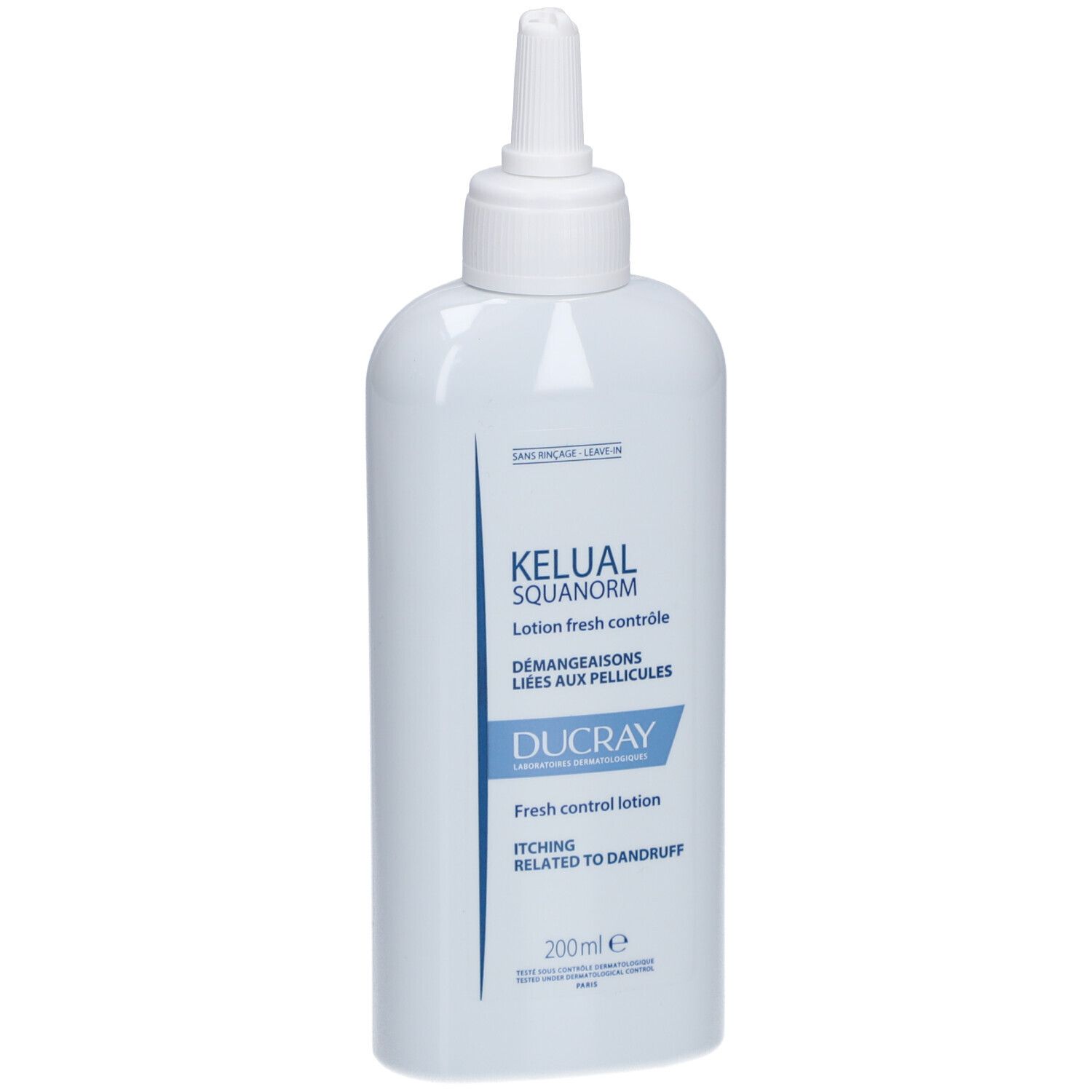 Flacone bianco con applicatore. Scritta: KELUAL SQUANORM, DUCRAY, 200ml.