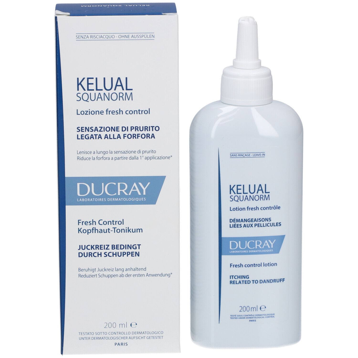 Confezione e flacone. Scritta: KELUAL SQUANORM, DUCRAY, 200ml. Testo multilingue.
