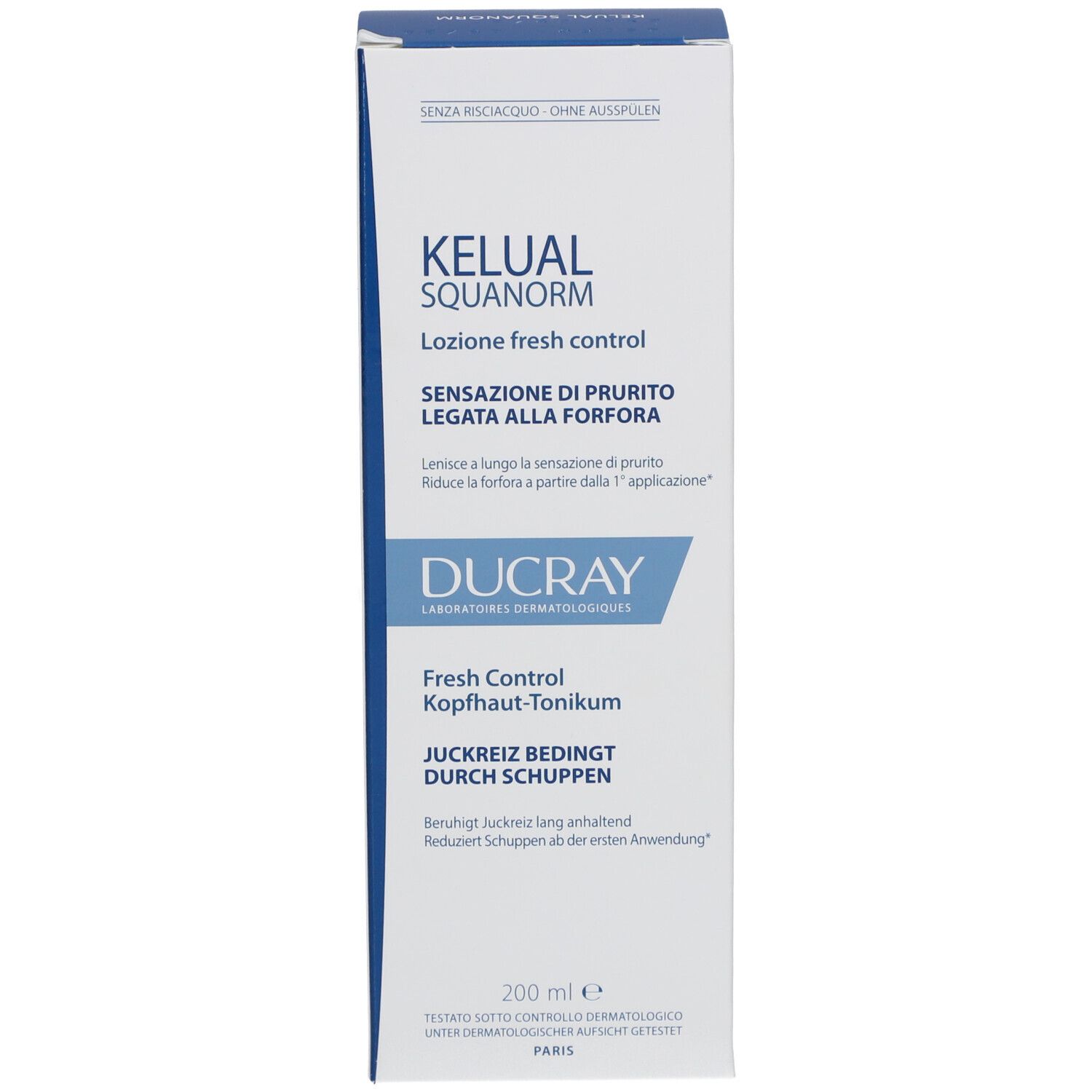 Confezione del prodotto. Scritta: KELUAL SQUANORM, DUCRAY, 200ml. Testo multilingue.