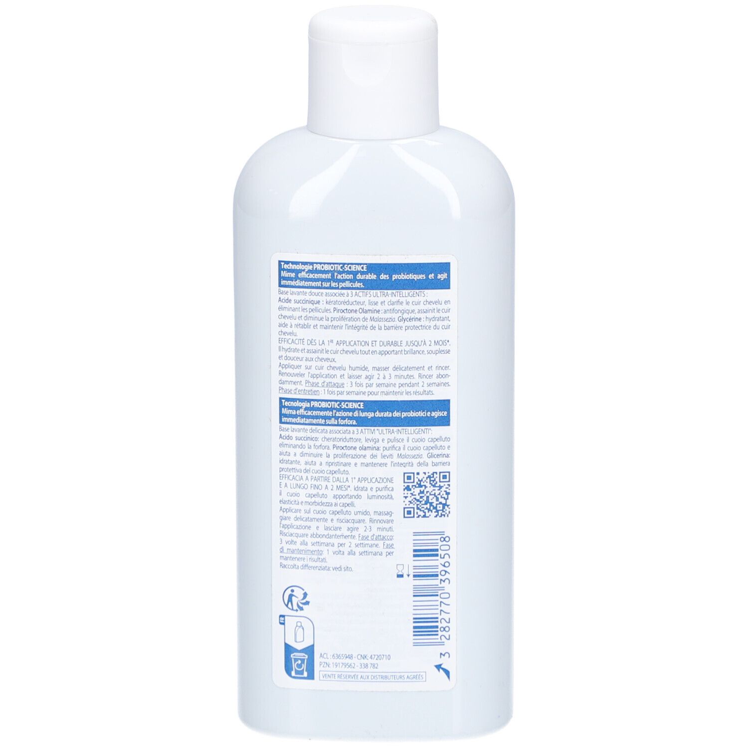 Retro del flacone bianco Ducray KELUAL Squanorm Shampoo. Informazioni testuali.
