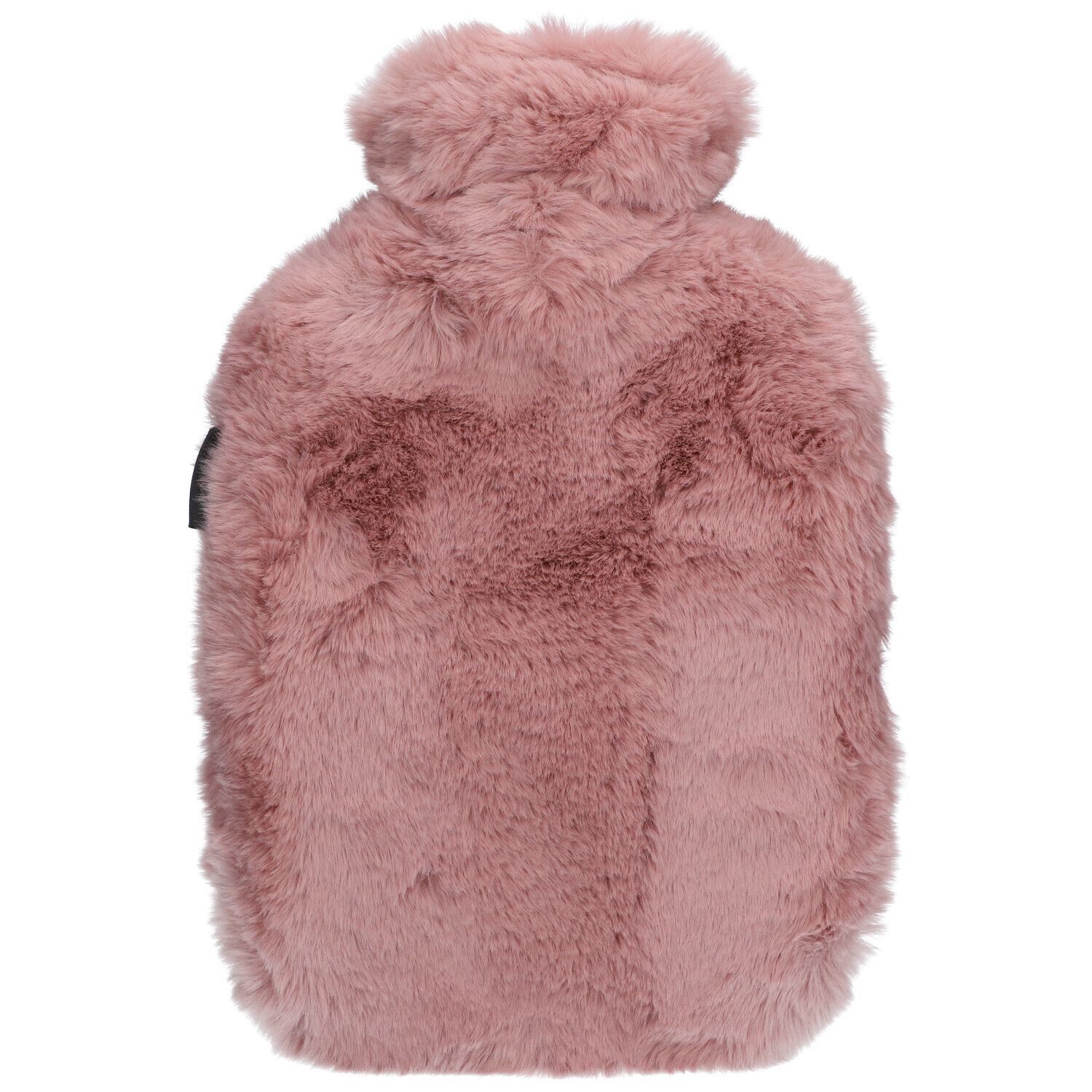 Una borsa dell'acqua calda rosa e soffice con una fodera rimovibile in finta pelliccia.
