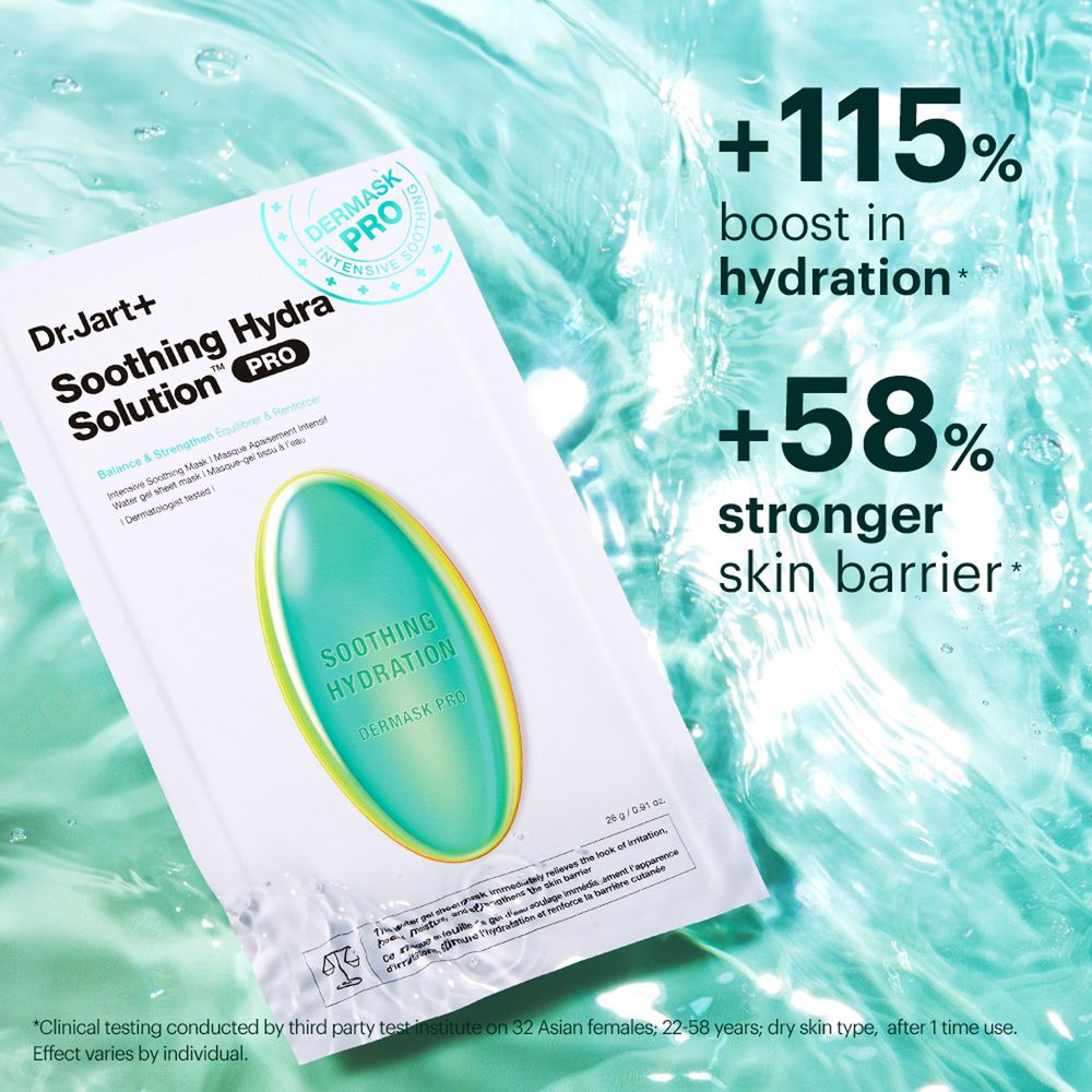 Maschera Dr.Jart+ DERMASK™ Soothing Hydra Solution PRO nell'acqua. Testo: +115% aumento dell'idratazione, +58% barriera cutanea più forte.