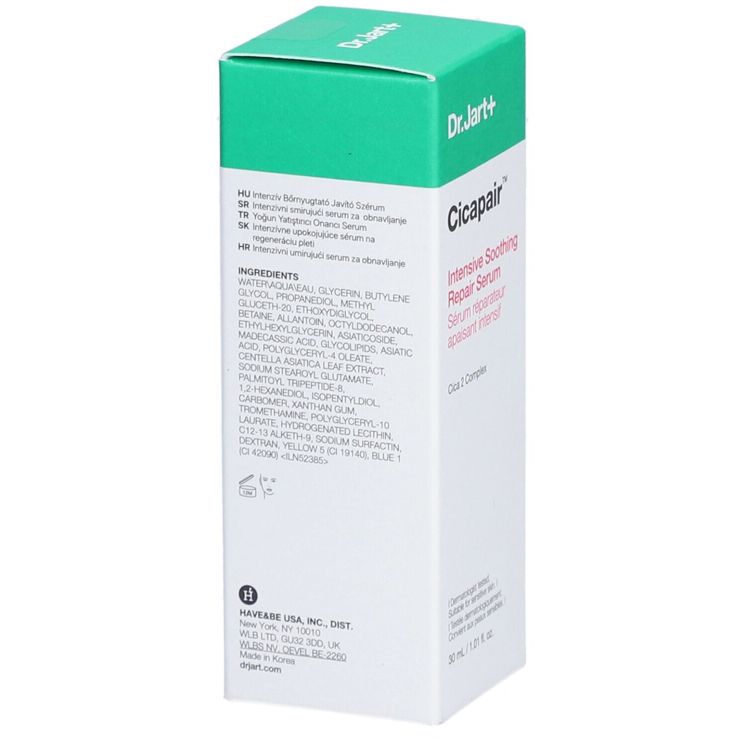 Retro della scatola verde. Contiene ingredienti e informazioni. Marca: Dr.Jart+ CICAPAIR™ Intensive Soothing Repair Serum.
