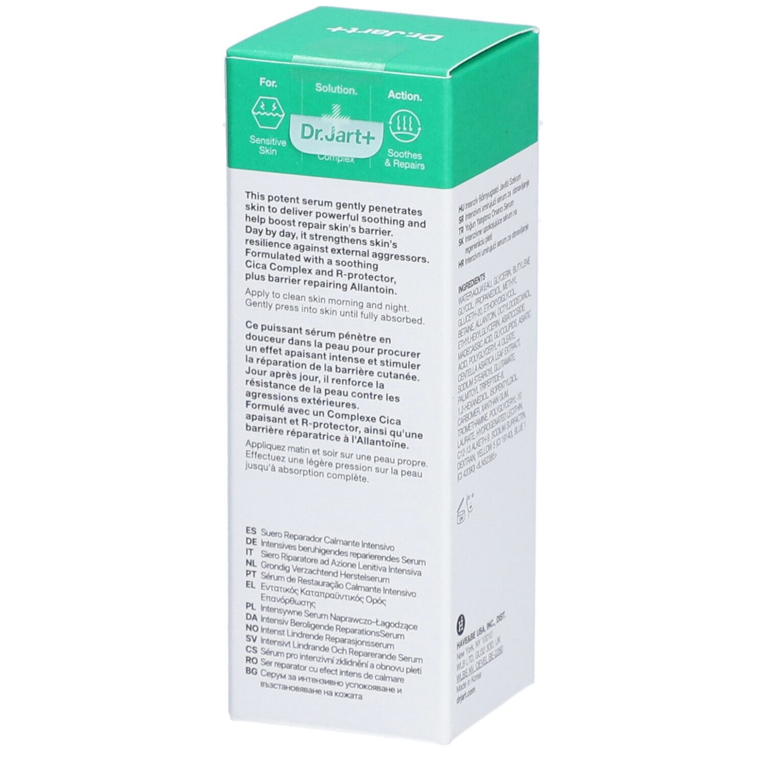 Scatola verde con testo. Dr.Jart+ CICAPAIR™ Intensive Soothing Repair Serum. Informazioni sul prodotto.