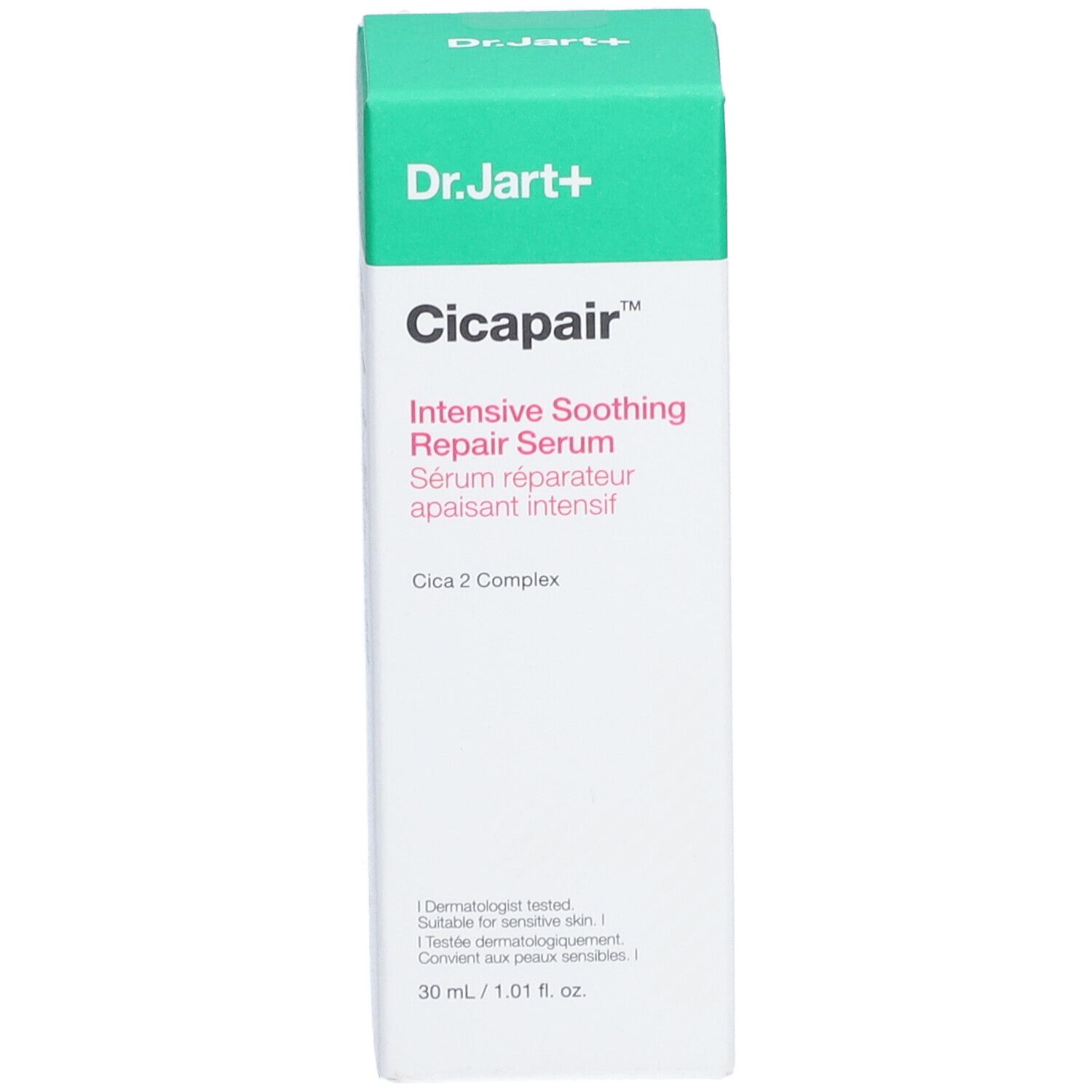 Dr.Jart+ CICAPAIR™ Intensive Soothing Repair Serum. Confezione verde e bianca. Nome e logo del prodotto.