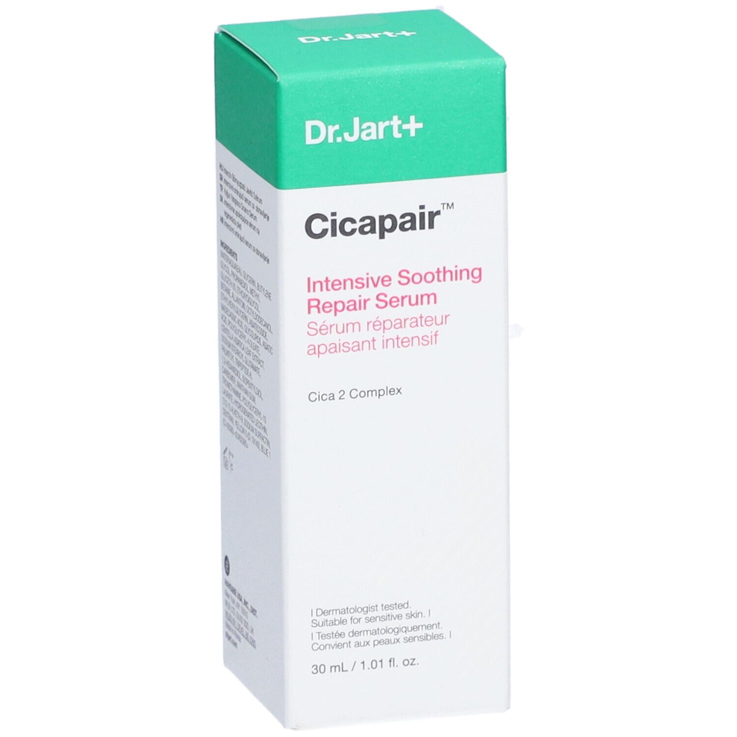 Dr.Jart+ CICAPAIR™ Intensive Soothing Repair Serum. Confezione verde e bianca. Nome e logo del prodotto.