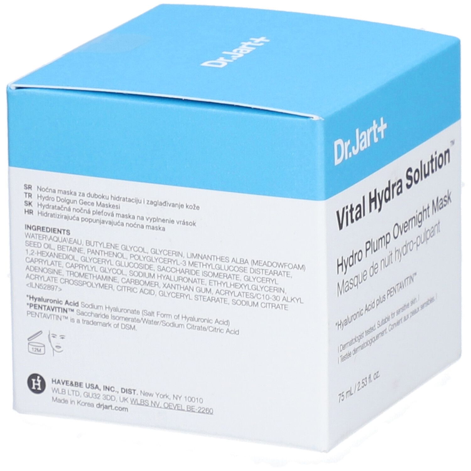Scatola azzurra con nome del prodotto. Scritto: Dr.Jart+ Vital Hydra Solution Hydro Plump Overnight Mask. Ingredienti elencati.
