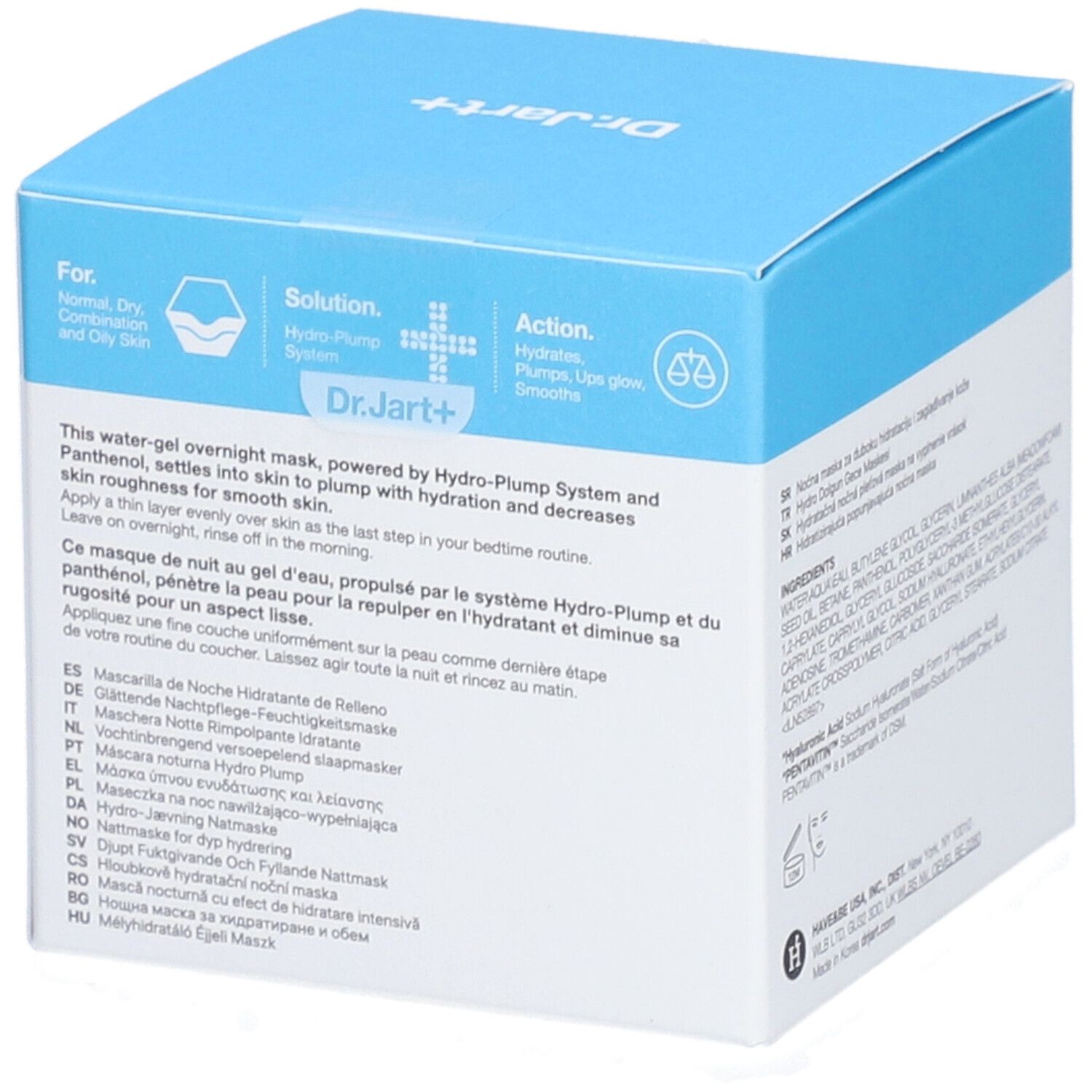 Scatola azzurra con nome del prodotto. Scritto: Dr.Jart+ Vital Hydra Solution Hydro Plump Overnight Mask. Descrizione multilingue.