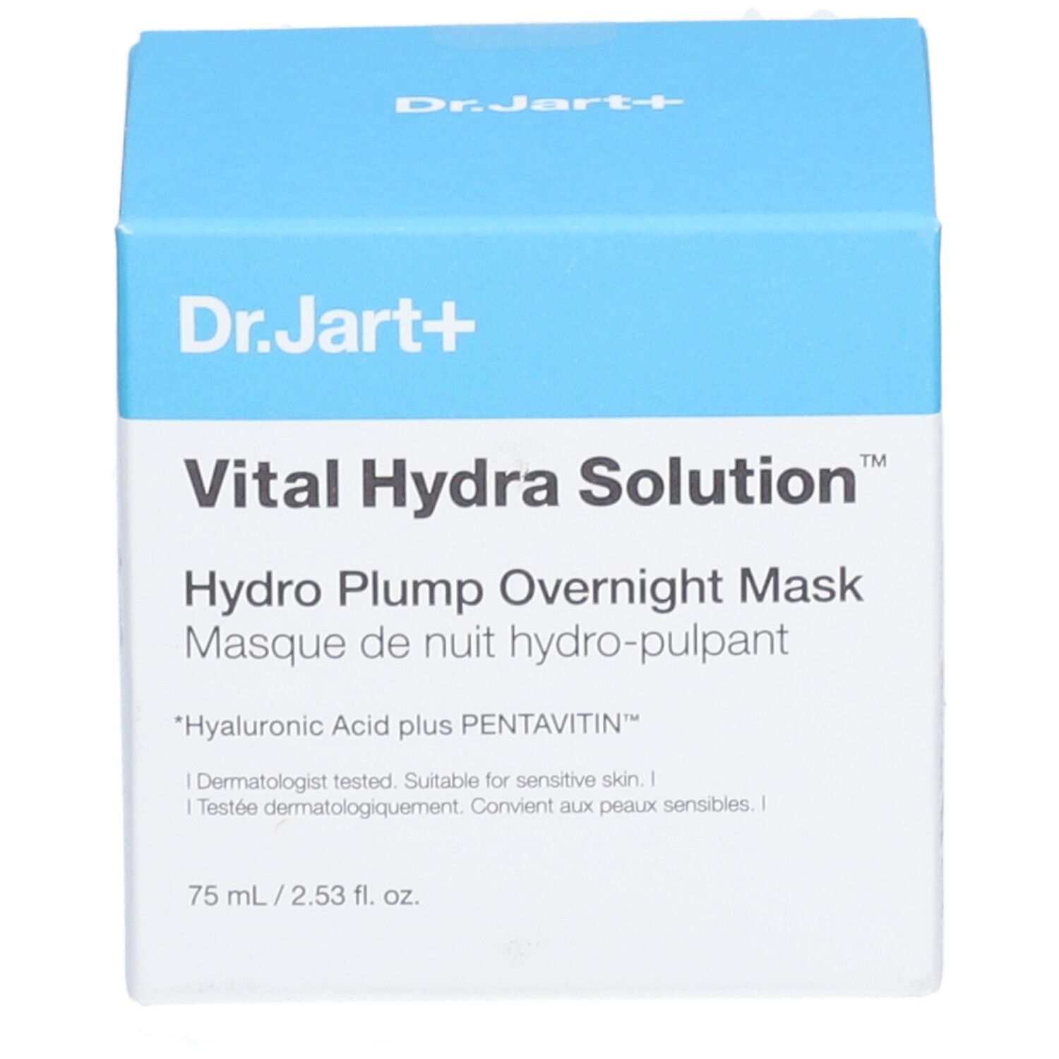 Scatola azzurra con nome del prodotto. Scritto: Dr.Jart+ Vital Hydra Solution Hydro Plump Overnight Mask. 75 ml.