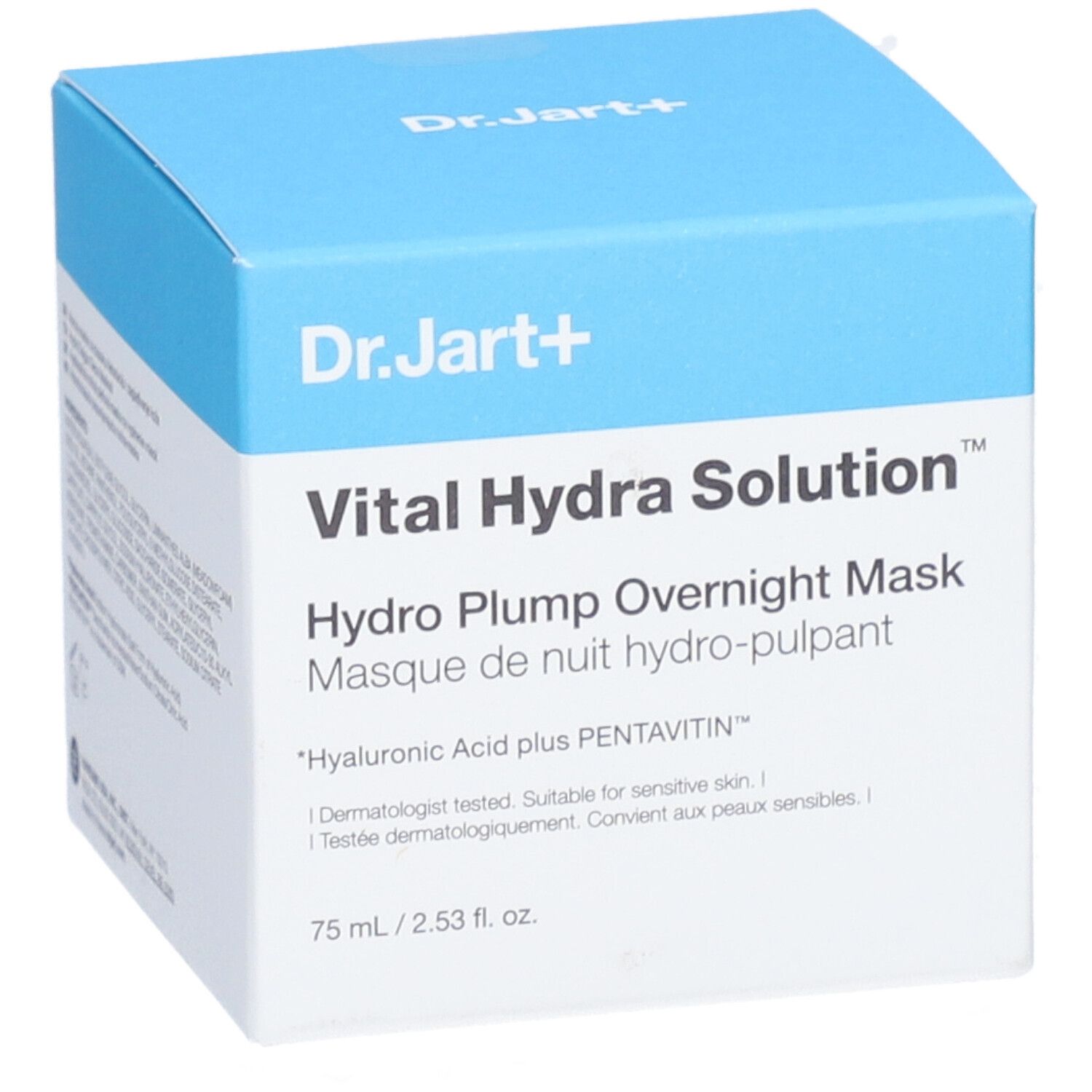 Scatola azzurra con nome del prodotto. Scritto: Dr.Jart+ Vital Hydra Solution Hydro Plump Overnight Mask. 75 ml.