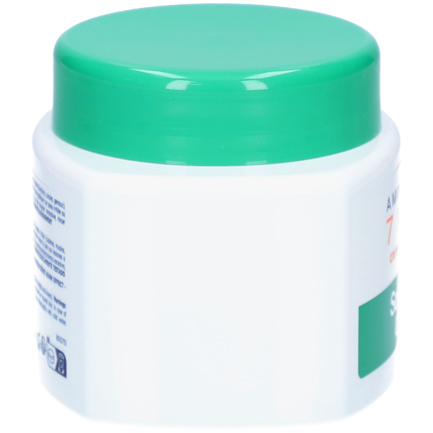 Vaso bianco con coperchio verde. Etichetta verde laterale. Testo illeggibile.