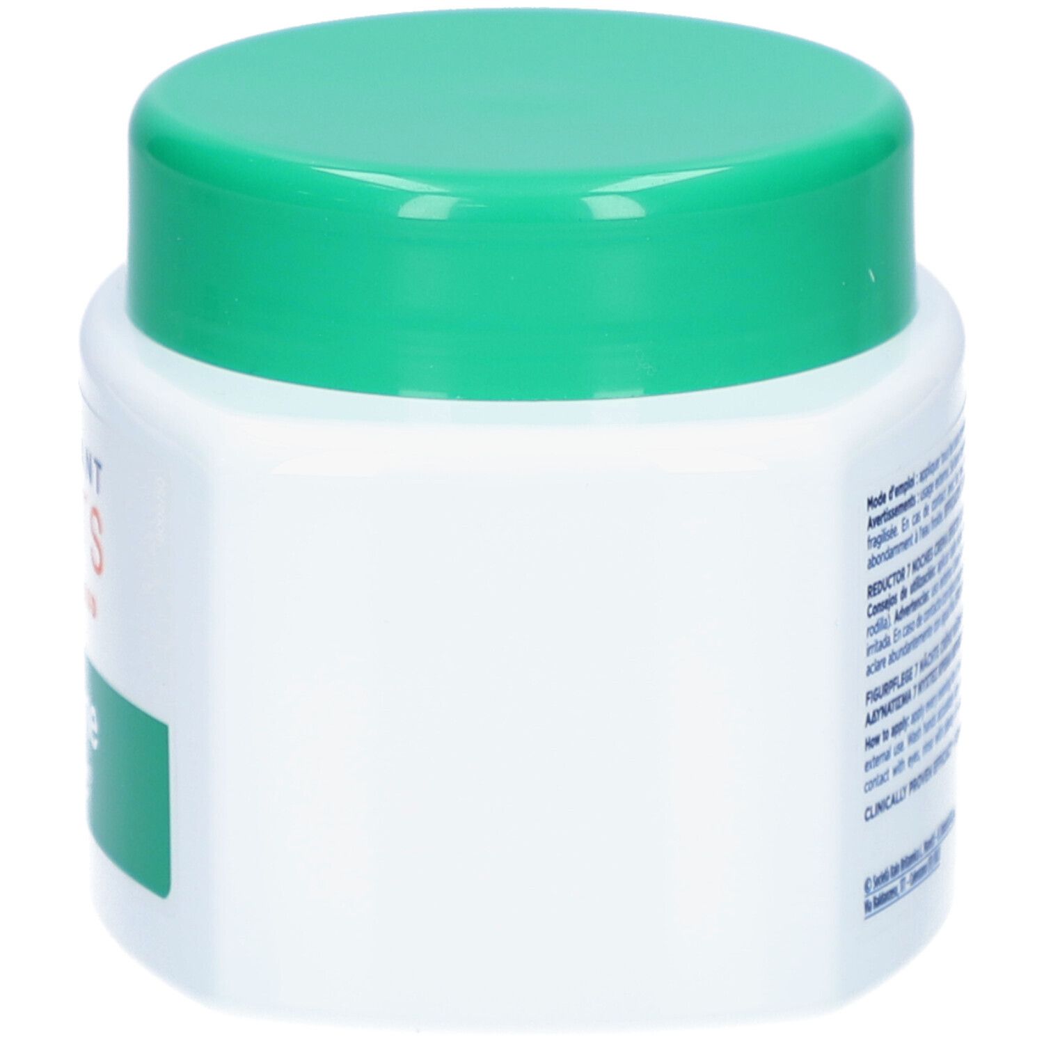 Vaso bianco con coperchio verde. Etichetta verde laterale. Testo illeggibile.