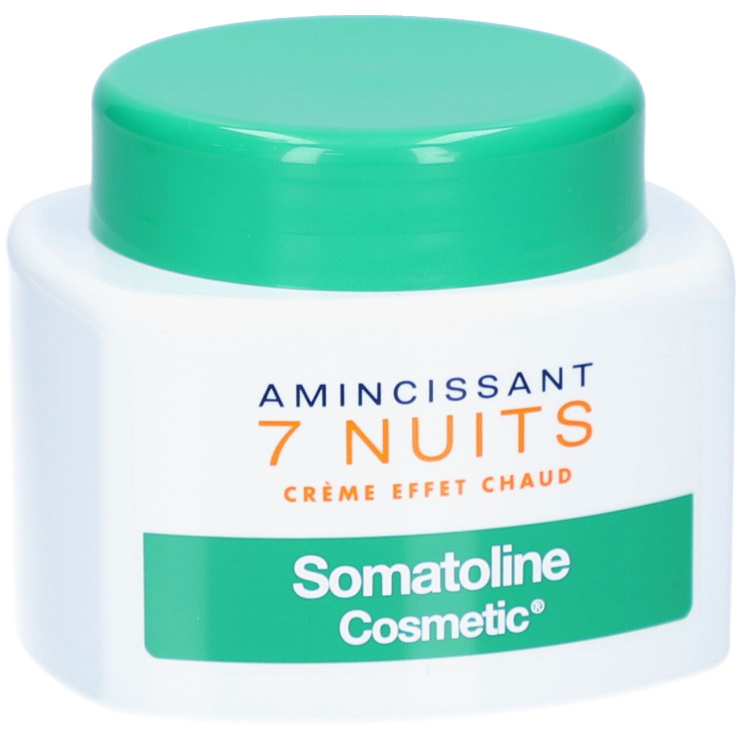 Vaso bianco con coperchio verde. Scritta: Amincissant 7 Nuits, Crème Effet Chaud, Somatoline Cosmetic.