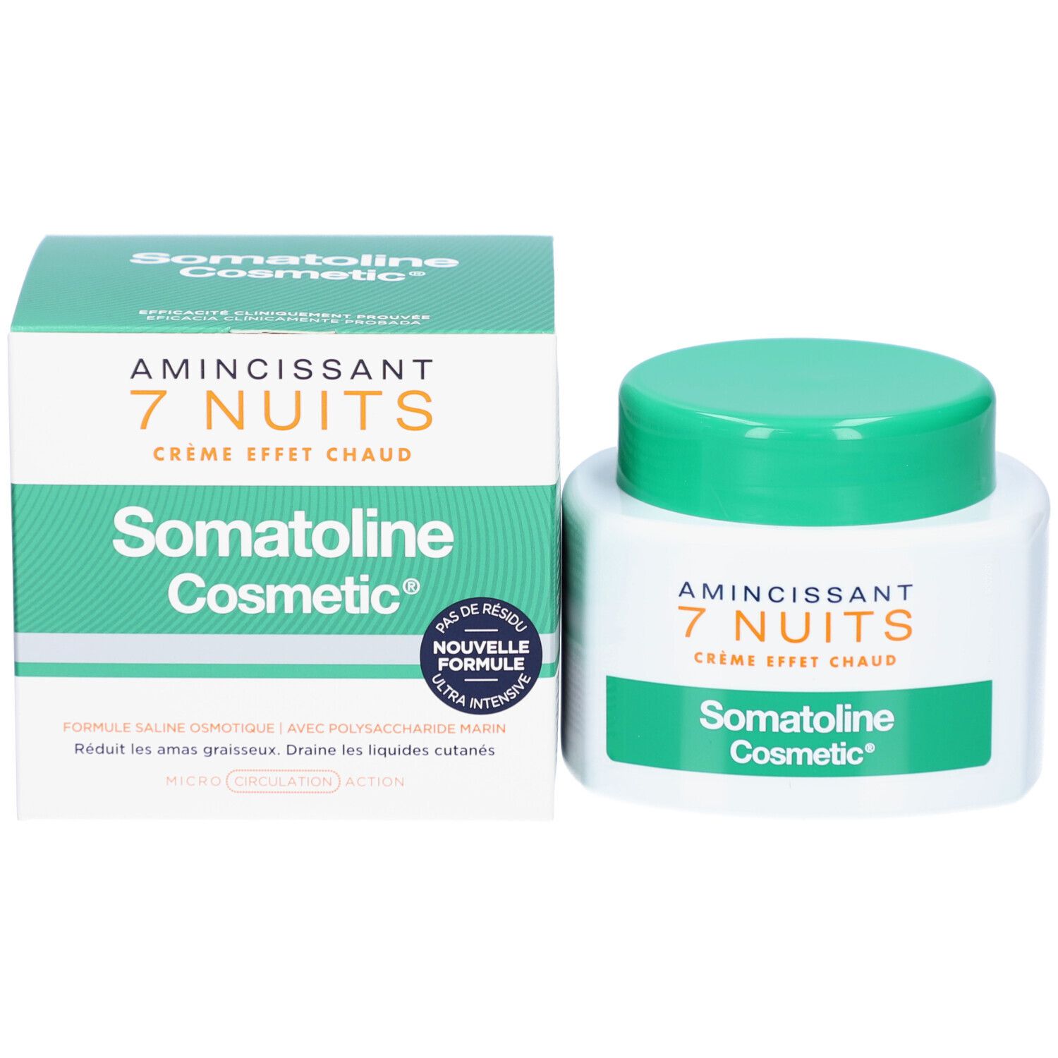 Confezione e vaso. Scritta: Amincissant 7 Nuits, Crème Effet Chaud, Somatoline Cosmetic.