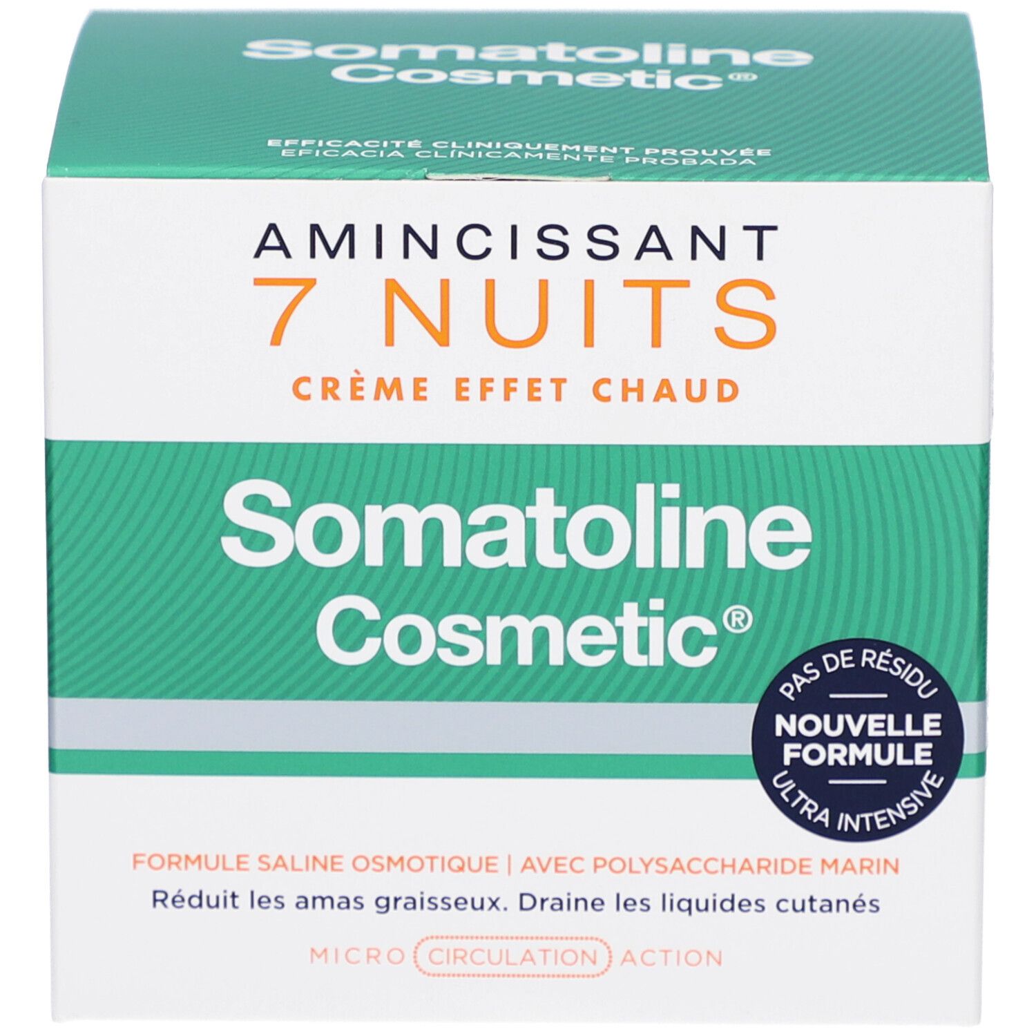 Confezione del prodotto. Scritta: Amincissant 7 Nuits, Crème Effet Chaud, Somatoline Cosmetic.
