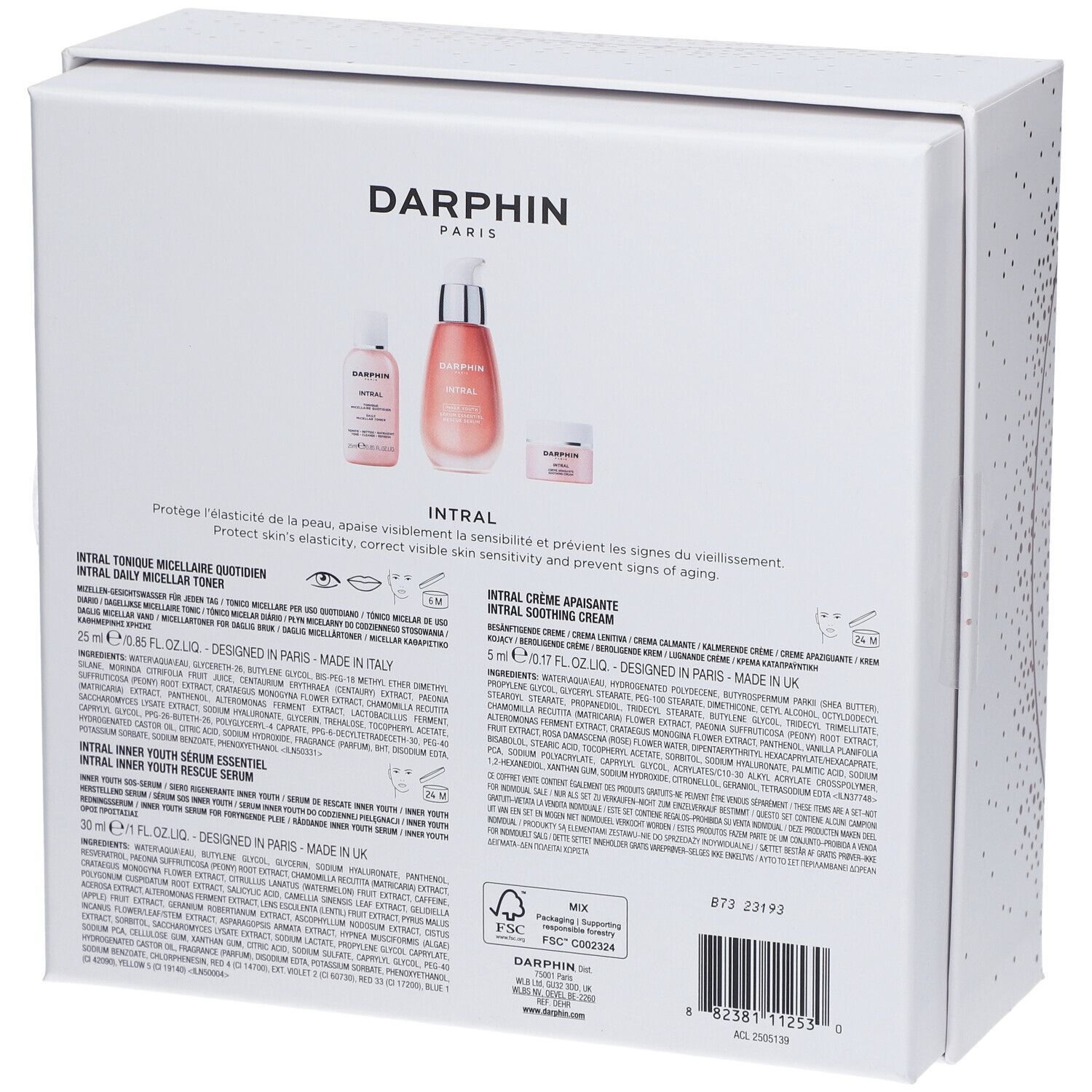Retro della confezione regalo. Contiene prodotti. Marchio: DARPHIN. Testo e illustrazioni.