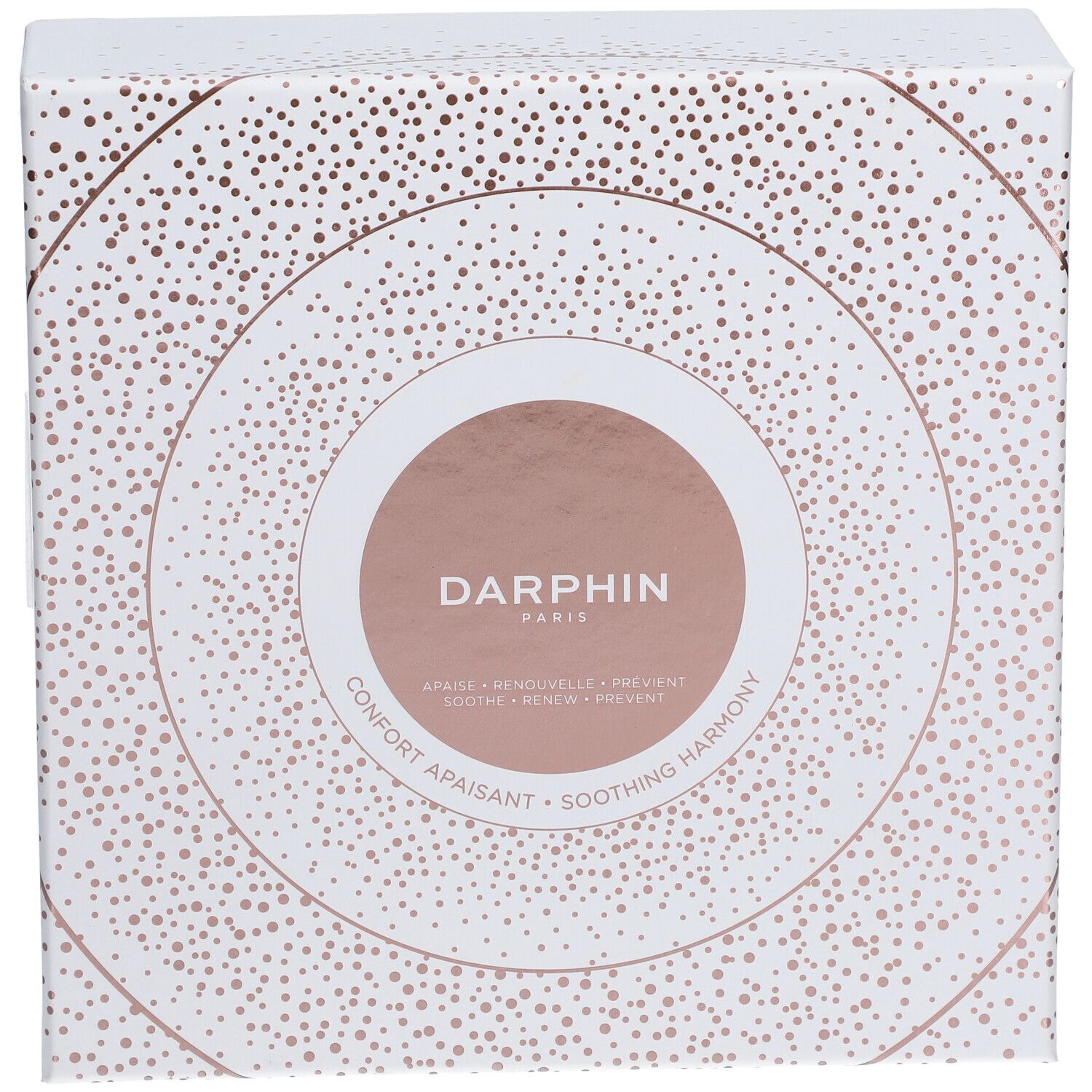Confezione regalo bianca con cerchi e punti dorati. Marchio: DARPHIN.