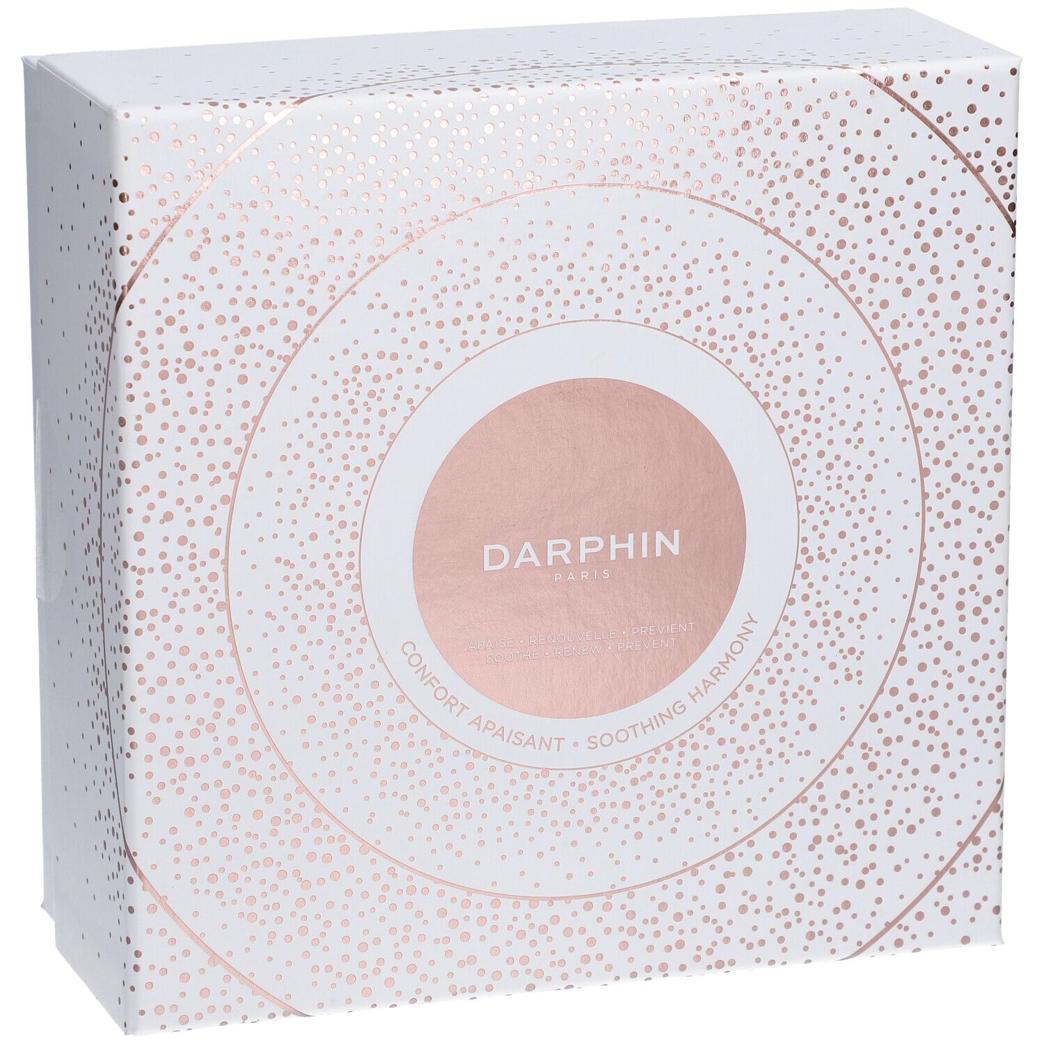 Confezione regalo bianca con cerchi e punti dorati. Marchio: DARPHIN.