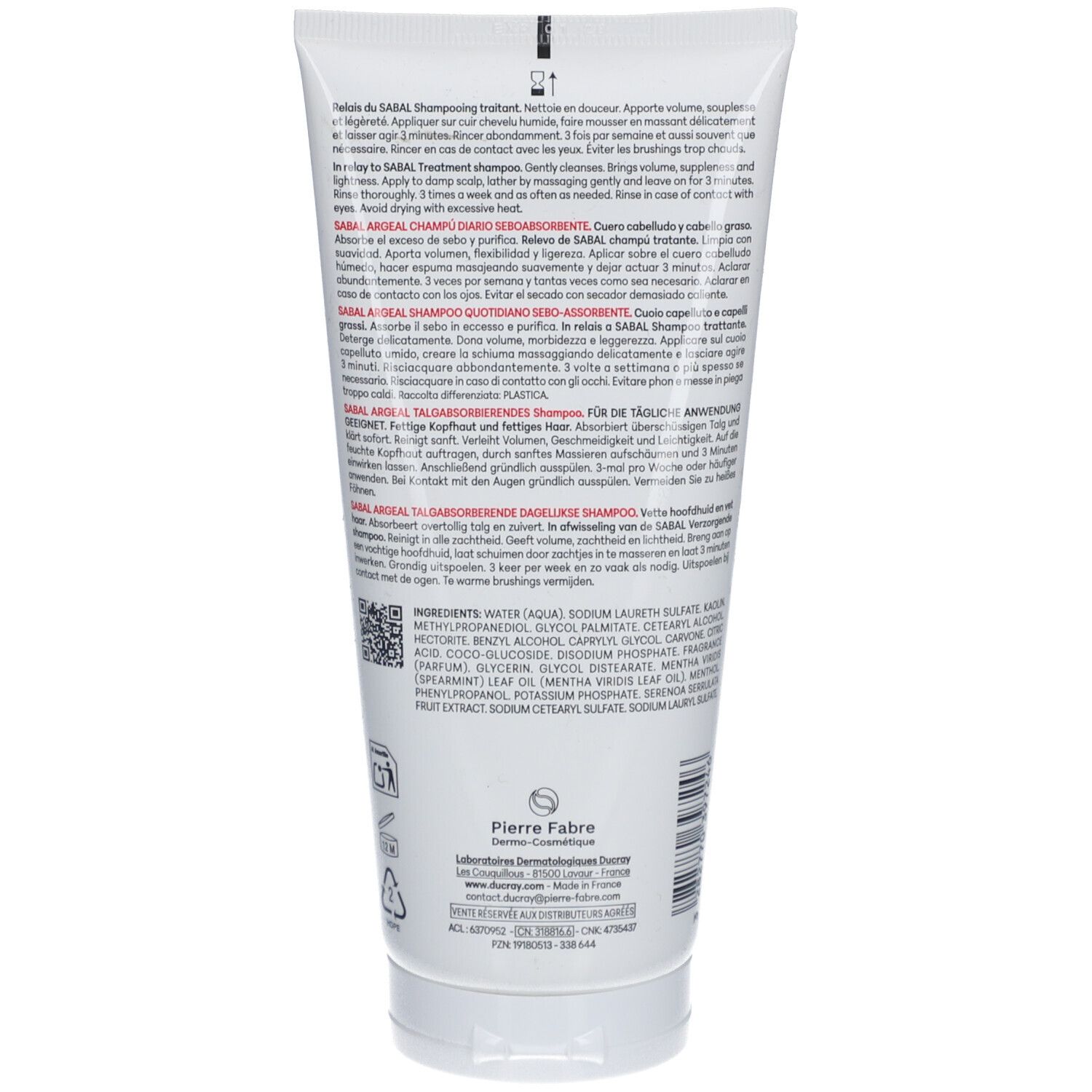 Retro del tubo di shampoo bianco. Testo multilingue. Logo del produttore "Pierre Fabre".