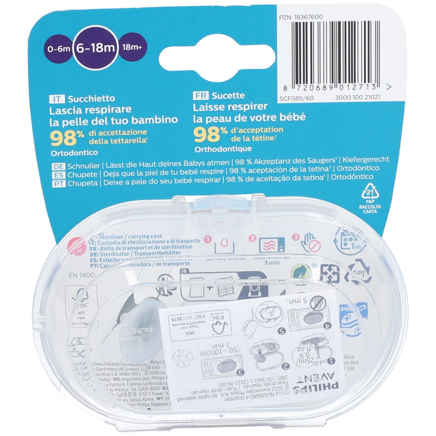 Retro della confezione con testo multilingue. Contiene una scatola trasparente con succhietto.