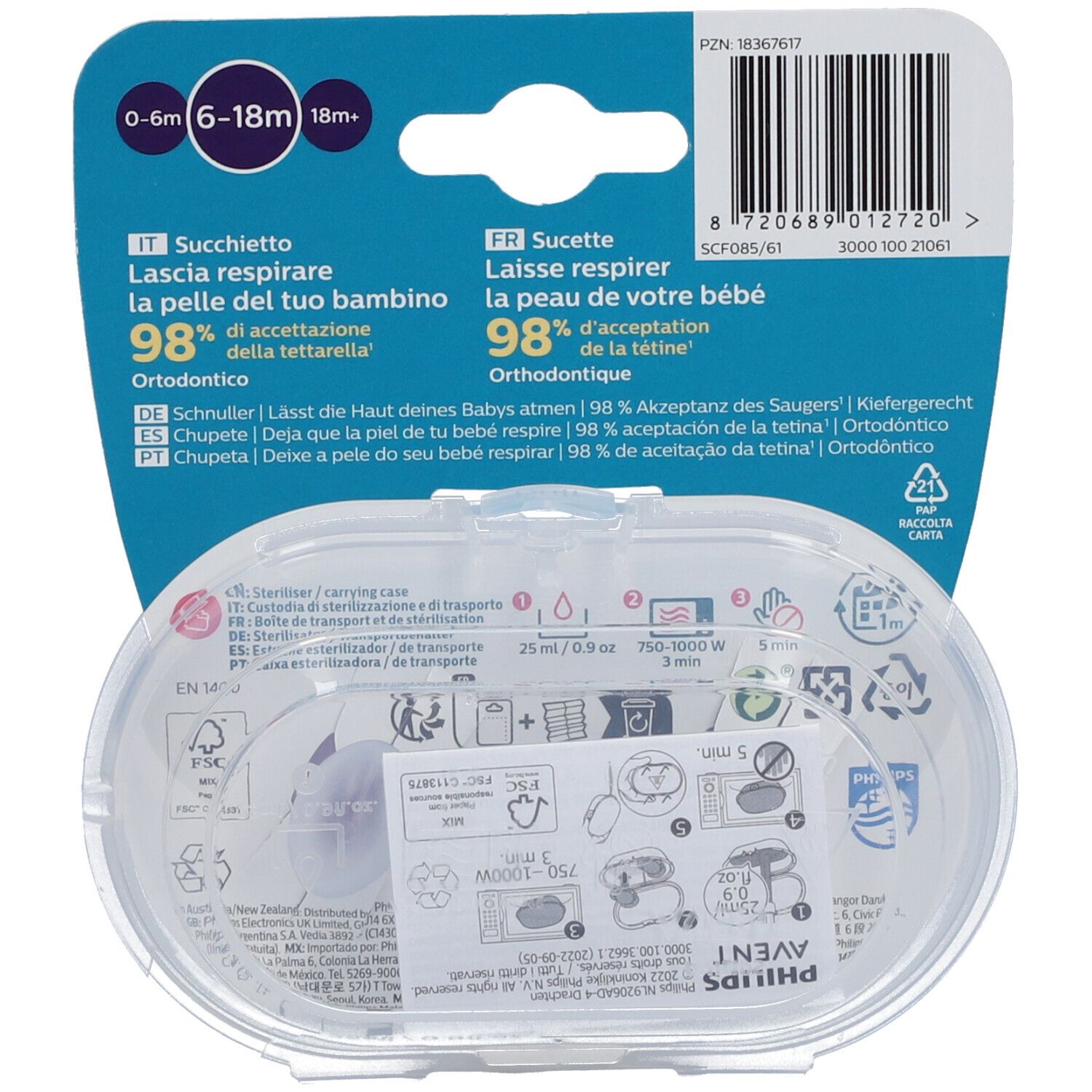 Retro della confezione con informazioni sul prodotto e custodia trasparente con succhietto.